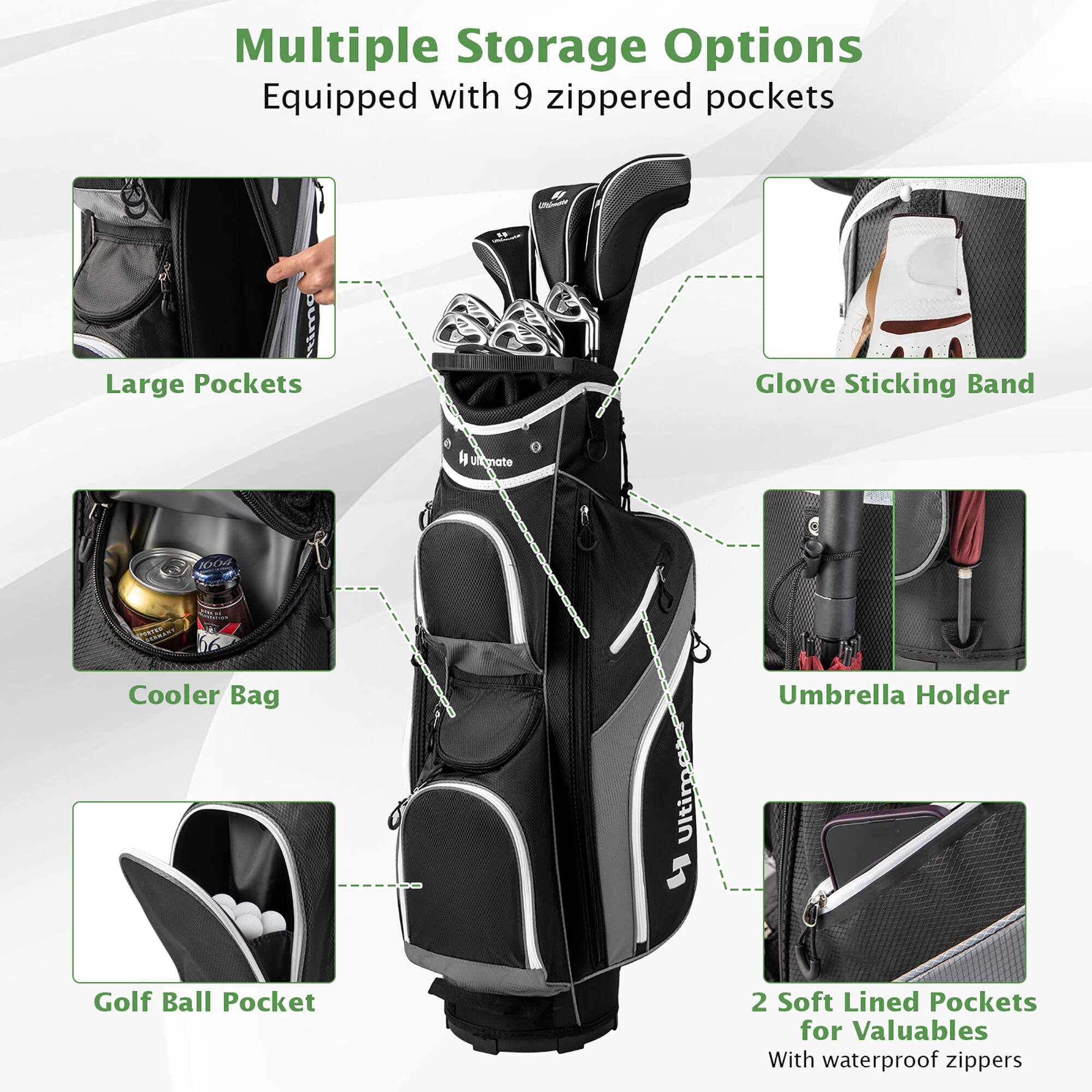 Multiple Storage Options  
Equipped with 9 zippered pockets

- Large Pockets
- Cooler Bag
- Golf Ball Pocket
- Glove Sticking Band
- Umbrella Holder
- 2 Soft Lined Pockets for Valuables with waterproof zippers