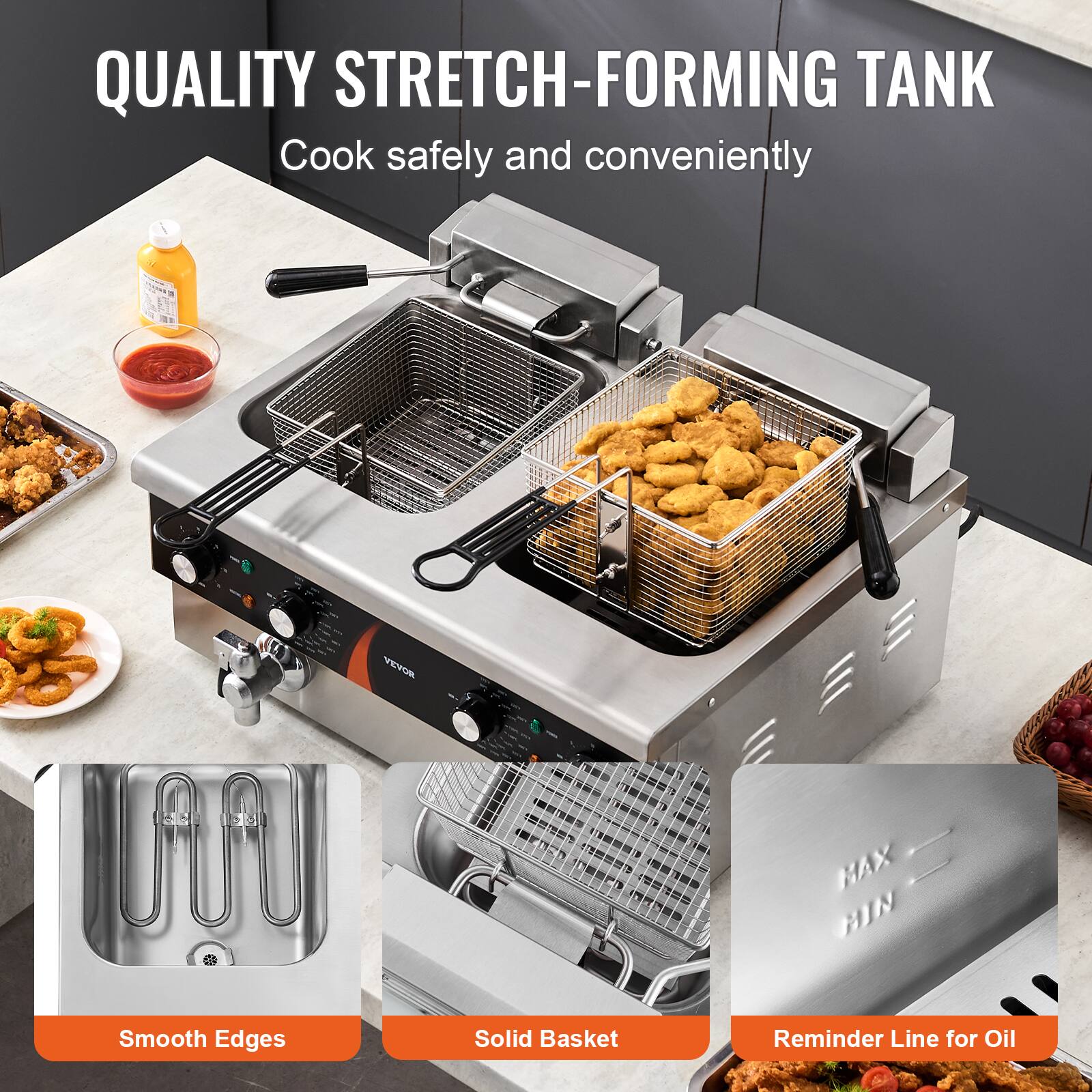 QUALITY STRETCH-FORMING TANK  
Cook safely and conveniently

VEVOR

Smooth Edges  
Solid Basket  
Reminder Line for Oil