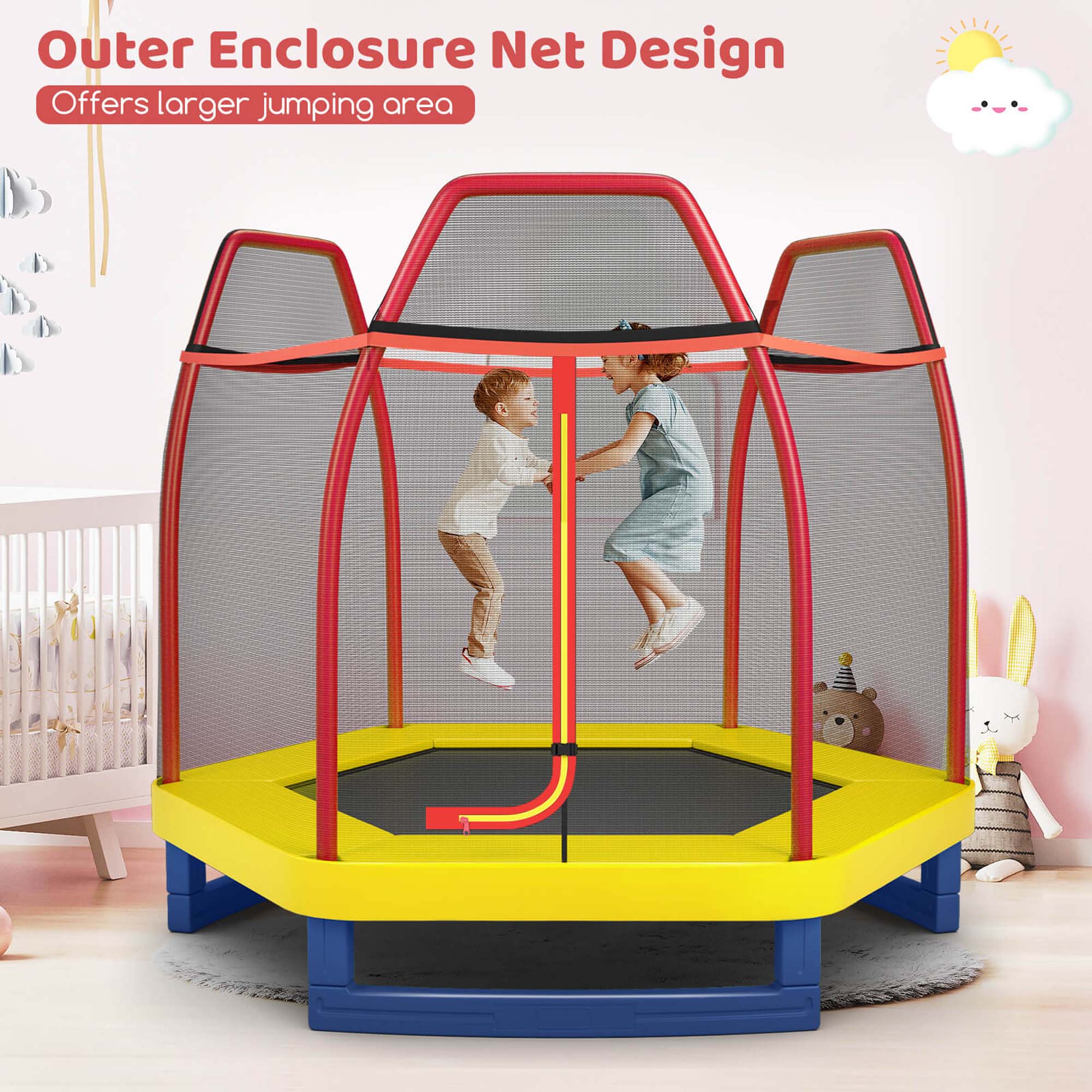 Outer Enclosure Net Design  
Offers larger jumping area
