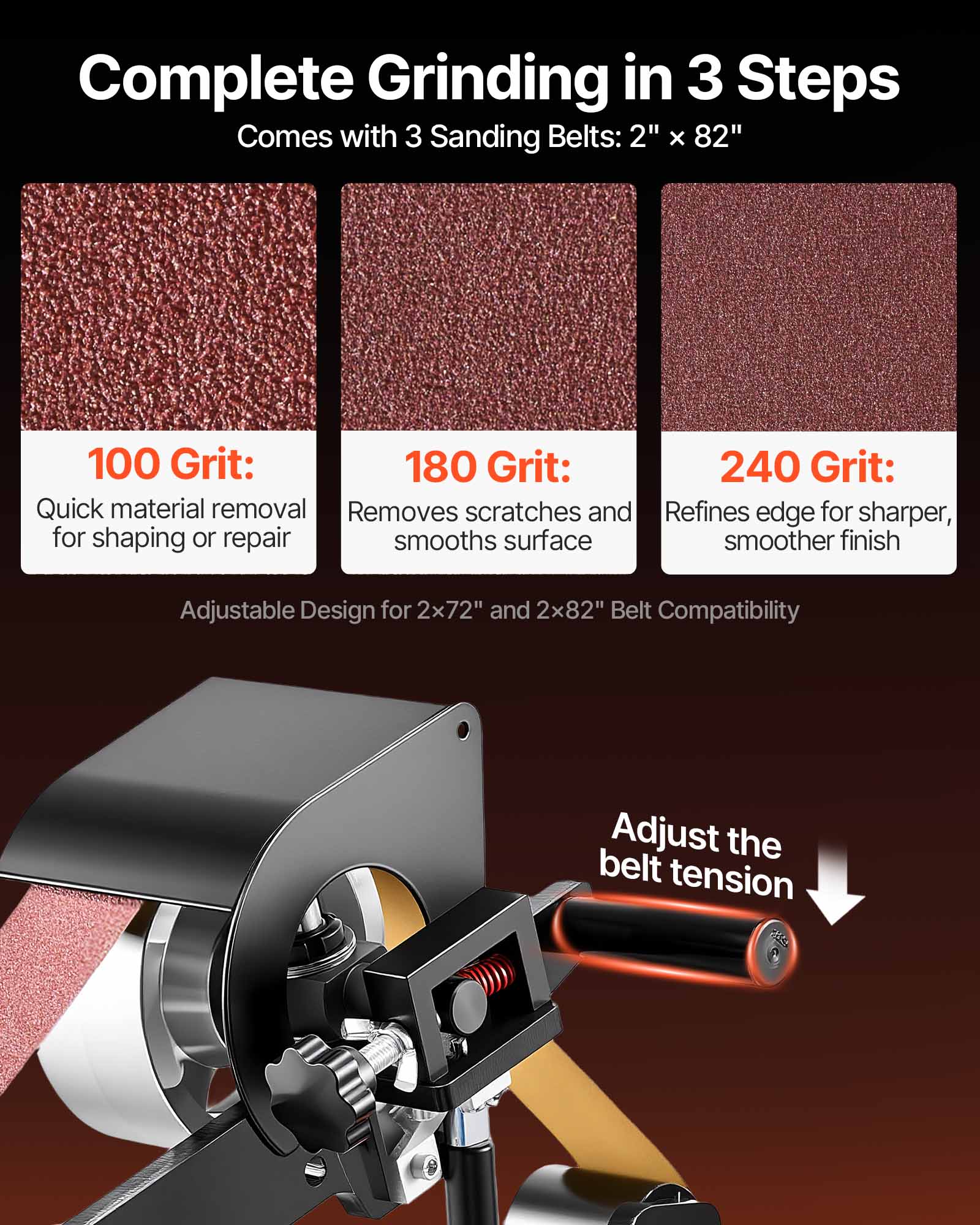 Complete Grinding in 3 Steps  
Comes with 3 Sanding Belts: 2" x 82"  

100 Grit:  
Quick material removal for shaping or repair  

180 Grit:  
Removes scratches and smooths surface  

240 Grit:  
Refines edge for sharper, smoother finish  

Adjustable Design for 2x72" and 2x82" Belt Compatibility  

Adjust the belt tension