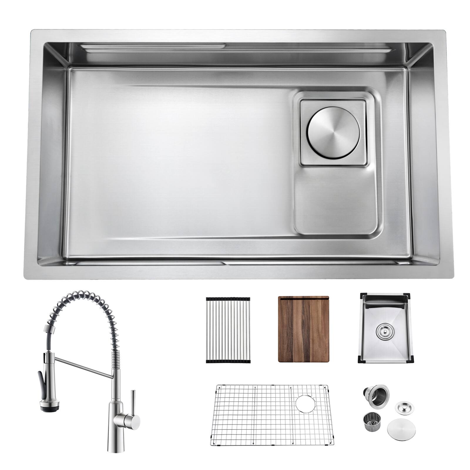 Left. Akicon - Akicon 32 in. Undermount Workstation Single Bowl 18-Gauge Kitchen Sink and Faucet with Grid, Board and Accessories - Silver.