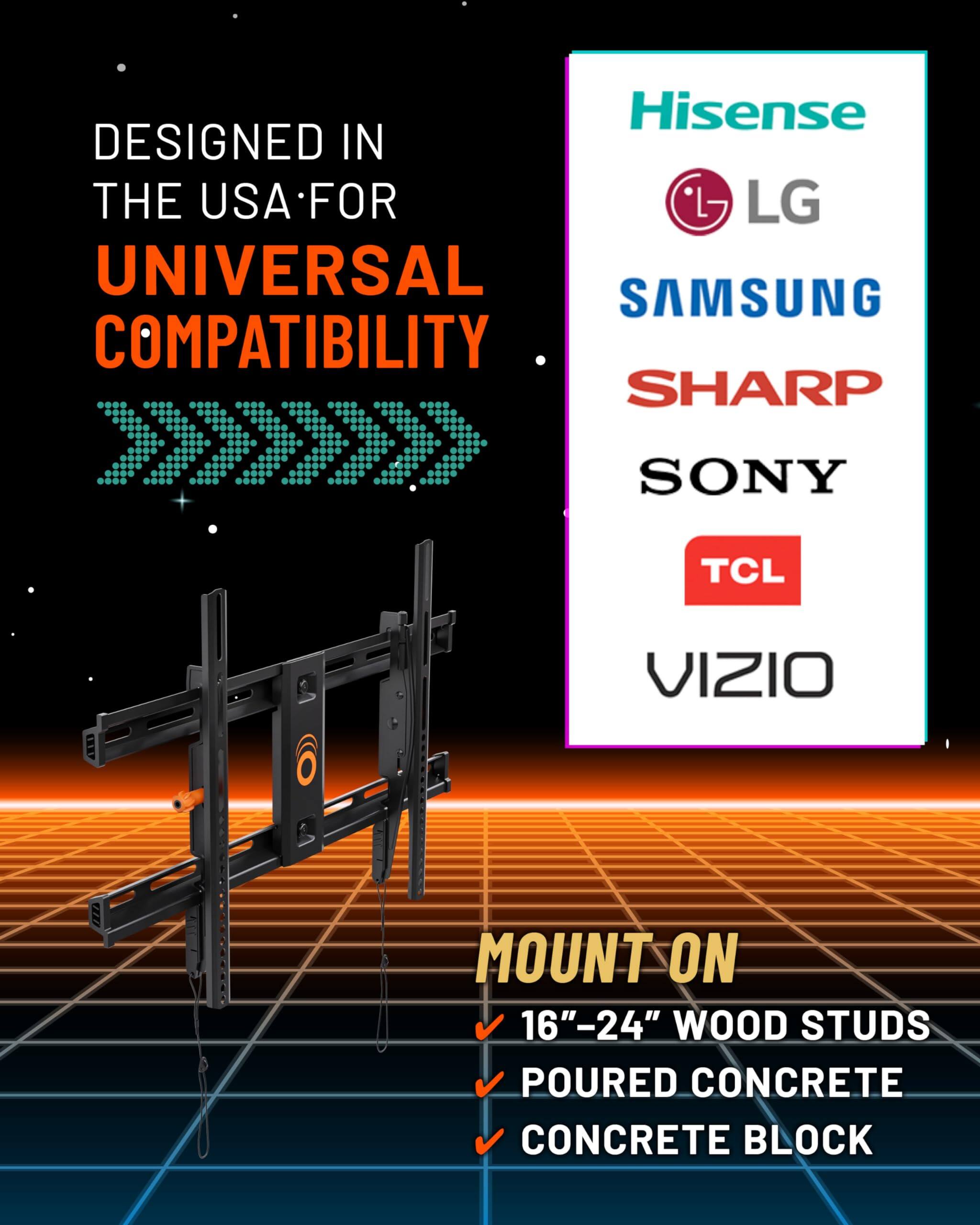 Hisense DESIGNED IN THE USA FOR UNIVERSAL COMPATIBILITY LG SAMSUNG SHARP SONY TCL VIZIO MOUNT ON 16"-24" WOOD STUDS POURED CONCRETE CONCRETE BLOCK
