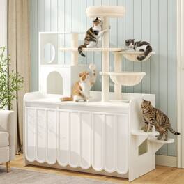Whisen - 50.6" Multi-Level Cat Tree with Hidden Litter Box Enclosure, Storage Cabinet, Sisal Scratching Posts - White