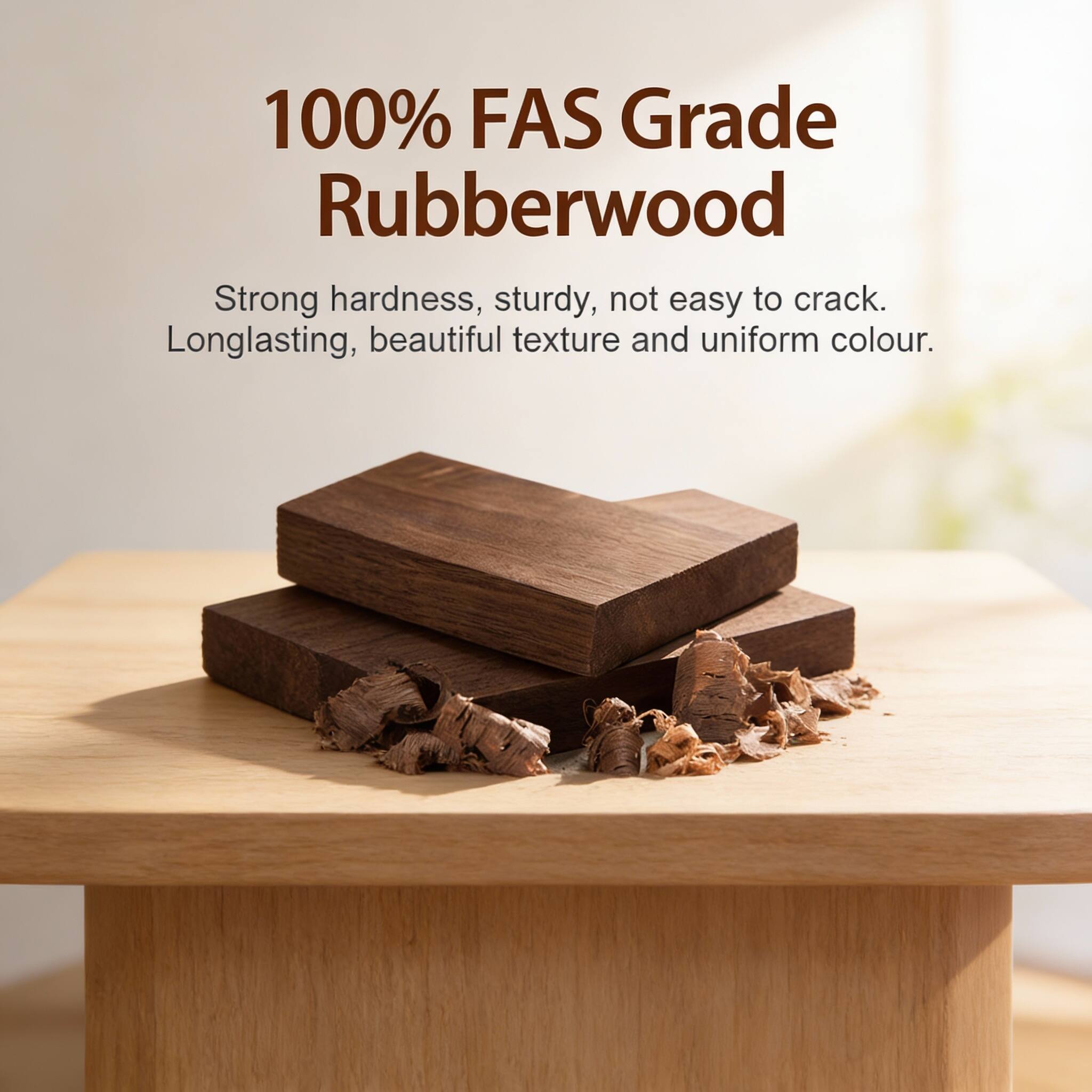 100% FAS Grade Rubberwood

Strong hardness, sturdy, not easy to crack. Longlasting, beautiful texture and uniform colour.