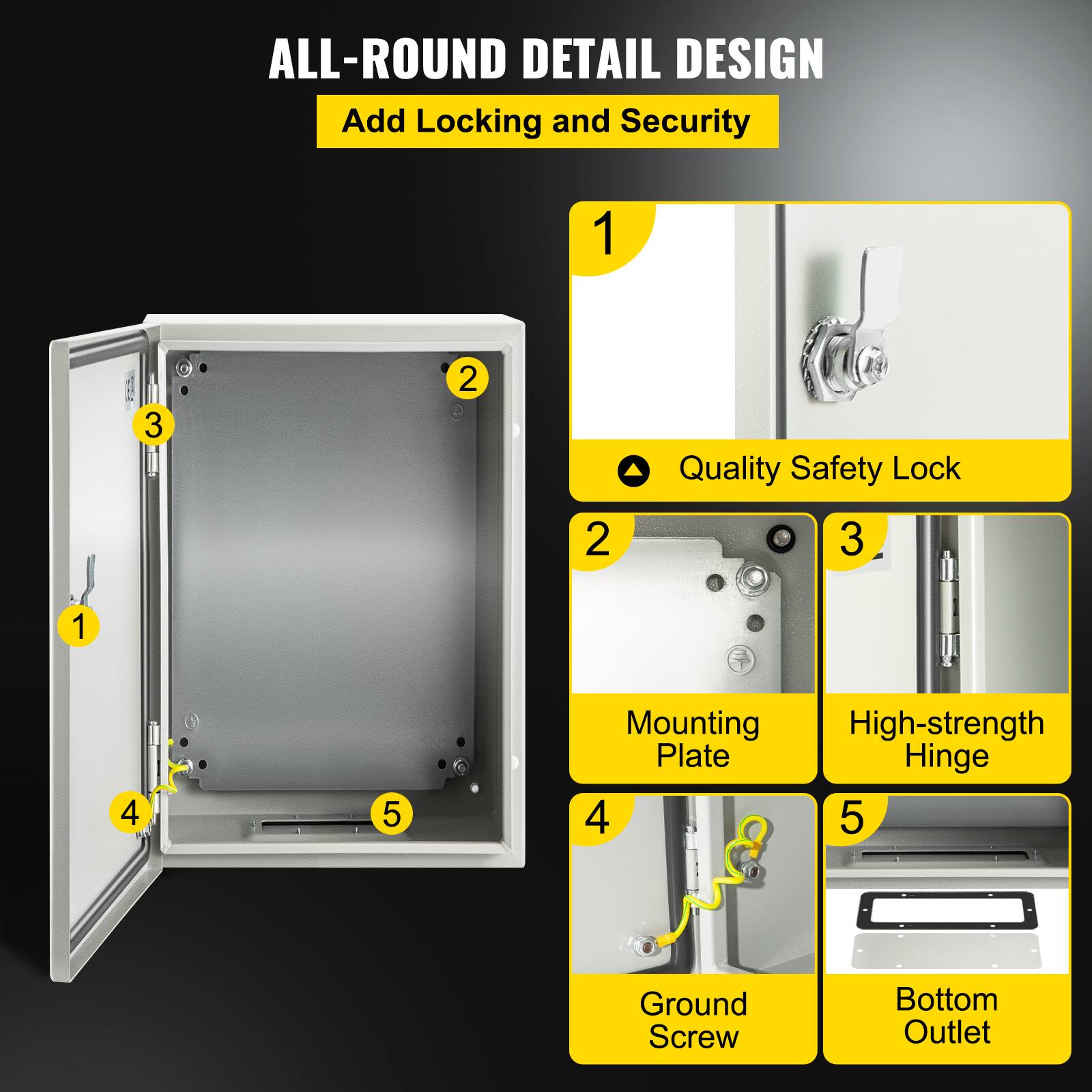 ALL-ROUND DETAIL DESIGN  
Add Locking and Security  

1. Quality Safety Lock  
2. Mounting Plate  
3. High-strength Hinge  
4. Ground Screw  
5. Bottom Outlet