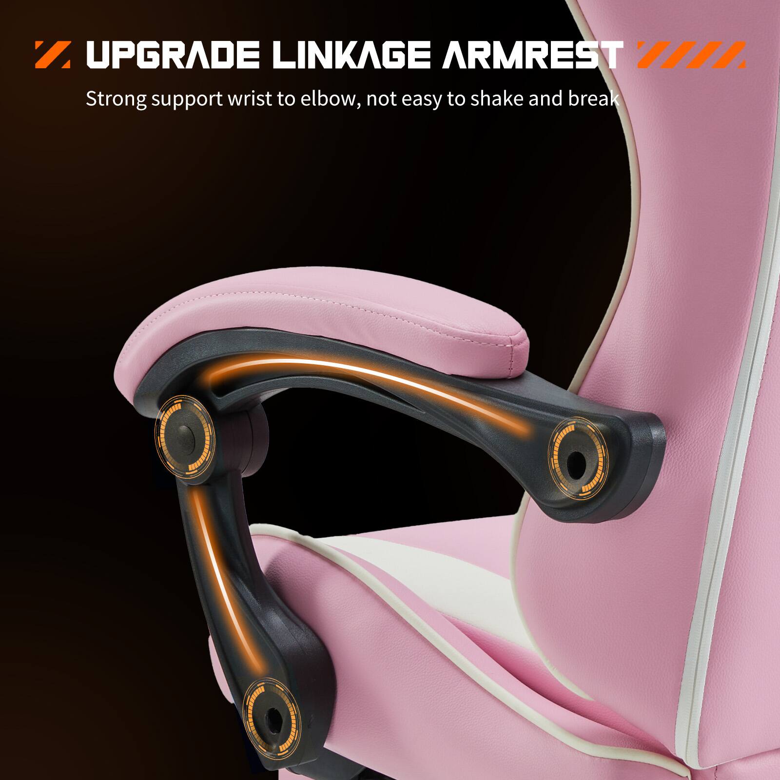 The text on the image reads: "UPGRADE LINKAGE ARMREST - Strong support wrist to elbow, not easy to shake and break."
