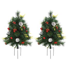 BreeBe - 22.5in Christmas Tree 2-Pack Outdoor Pre-Lit Artificial Pine Cordless with 24 Warm White Lights and Stakes - Green