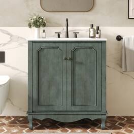 Loheer - 2.5 ft Vintage Bathroom Vanity with Ceramic Sink, Adjustable Shelves, Antique Teal for Bath - Antique blue green,Teal