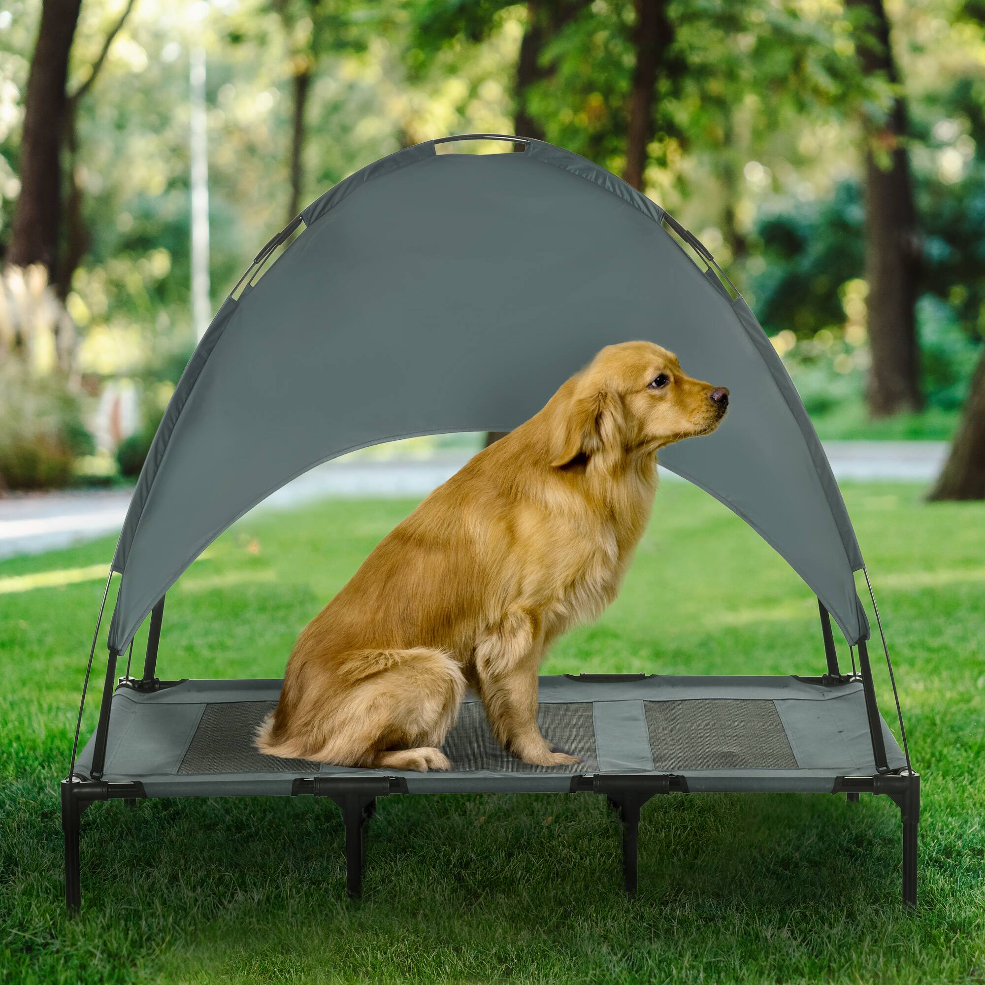 Angle. Pawhut - Elevated Dog Bed with Canopy, Outdoor Cot with UV Protection Canopy Shade, 48 inch Large Pet Bed for Camping - Grey.