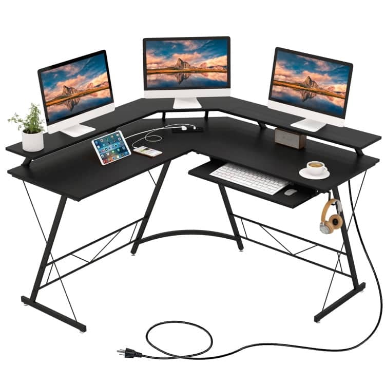 Kadyn - L-shaped Computer Desk with Power Outlet and Monitor Stand- Home Office Desks, Gaming Computer Desks for Study - Black