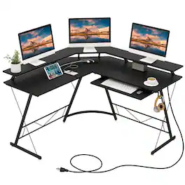 Kadyn - L-shaped Computer Desk with Power Outlet and Monitor Stand- Home Office Desks, Gaming Computer Desks for Study - Black