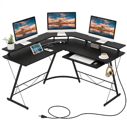 Front. Kadyn - L-shaped Computer Desk with Power Outlet and Monitor Stand-Black, Home Office Desks, Gaming Computer Desks for Study - Black.