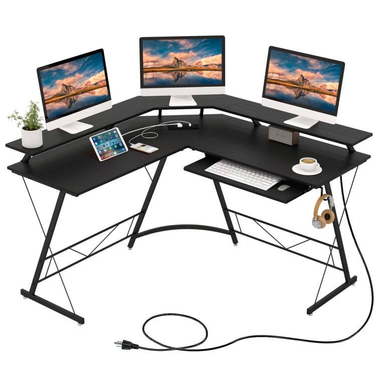 Front. Kadyn - L-shaped Computer Desk with Power Outlet and Monitor Stand-Black, Home Office Desks, Gaming Computer Desks for Study - Black.