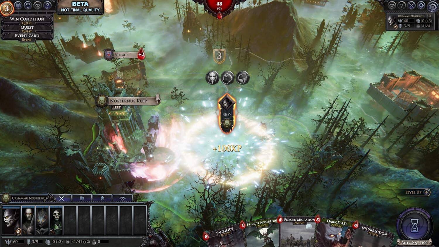 WIN CONDITION, QUEST, EVENT CARD, EVENT, BETA, NOT FINAL QUALITY, 48 (0), URHAMMU NOSFERNUS, 60, 0 (+3), 2, 3/9, 41/41, VILLAGE, +2, 3, NOSFERNUS KEEP, 0, +100XP, URHAMMU NOSFERNUS, LEVEL UP, 2, 60, 3/9, 0 (+3), 41/41 (+2), 0, 0, SACRIFICE, ACTION, 4, FORCED MIGRATION, 5, RECRUIT NOSFERNUS, ACTION, 1, ACTION, DARK FEAST, ACTION, 6, INSURRECTION, ACTION, AUTUMN, 1400