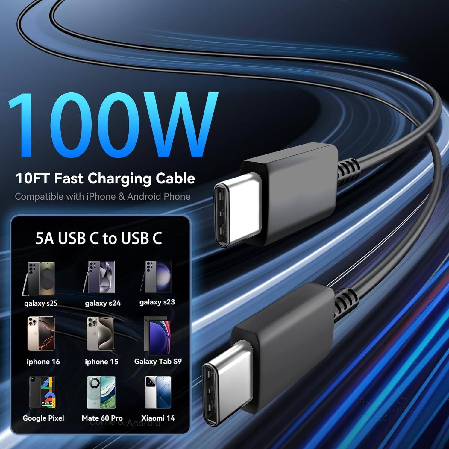 100W 10FT Fast Charging Cable Compatible with iPhone & Android Phone 5A USB C to USB C galaxy s25 galaxy s24 galaxy s23 iphone 16 iphone 15 Galaxy Tab S9 Google Pixel Mate 60 Pro Xiaomi 14 come a Android