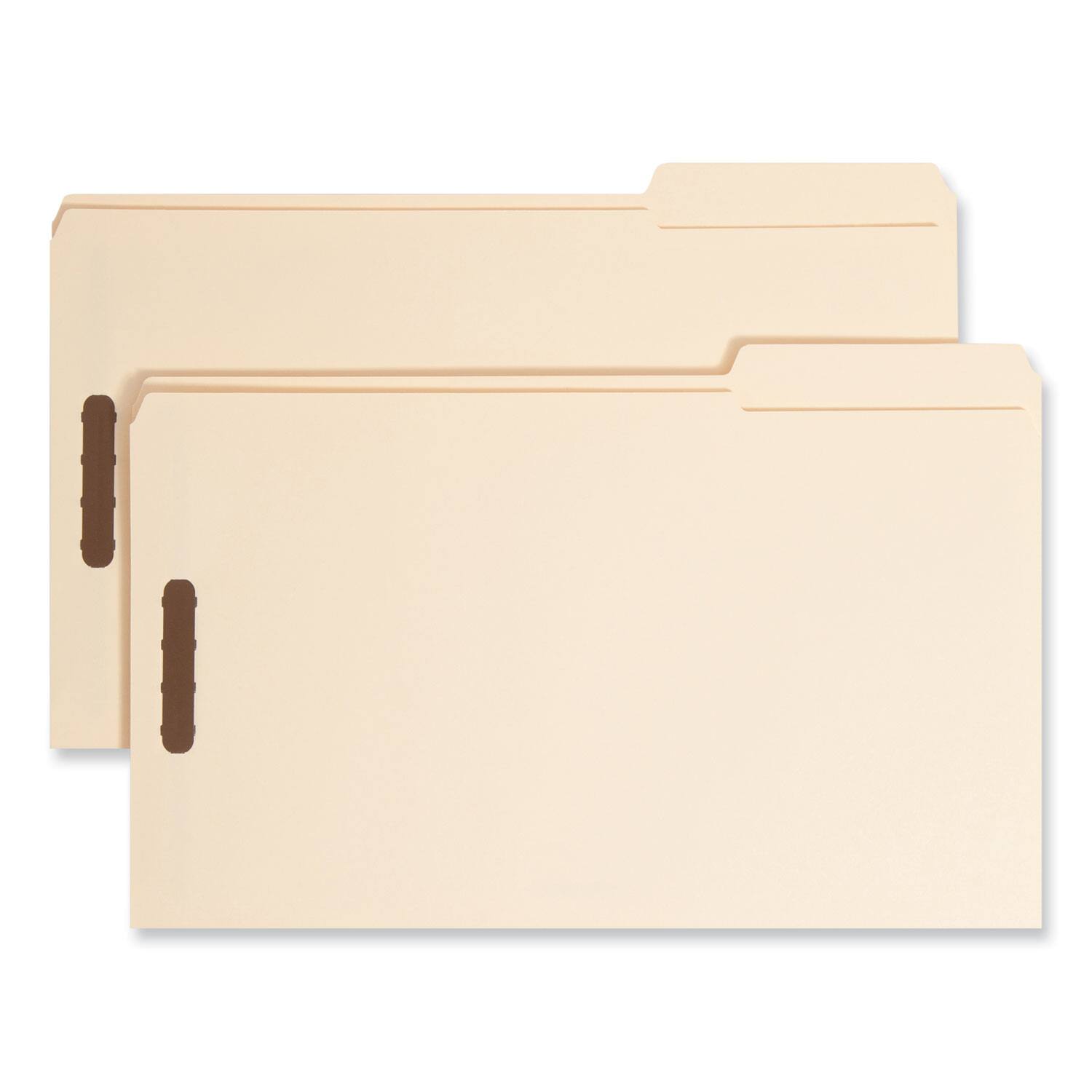 Front. Smead Manufacturing - Top Tab Fastener Folders, 1/3-Cut Tabs: Right, 0.75" Expansion, 2 Fasteners, Legal Size, Manila Exterior, 50/Box.