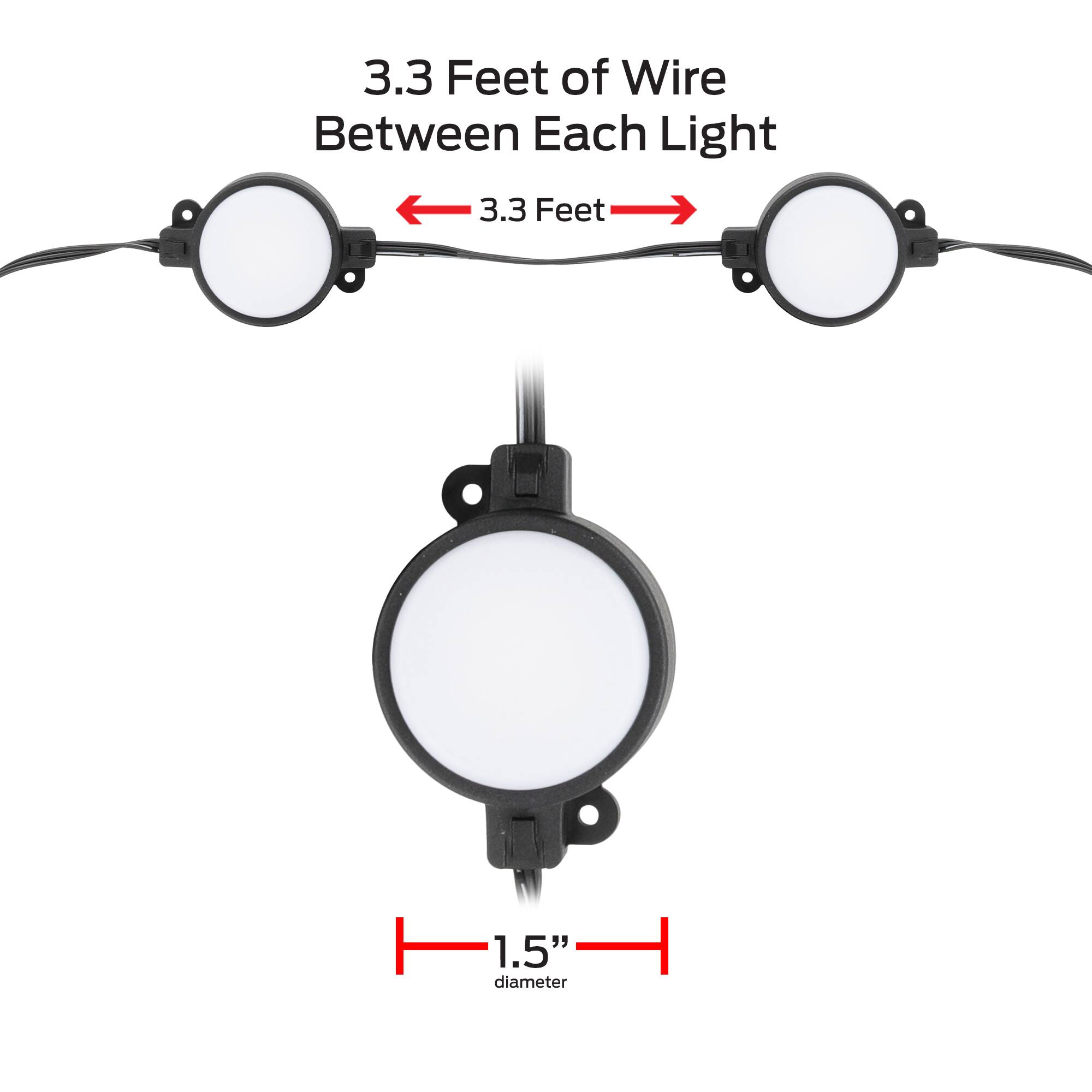 3.3 Feet of Wire Between Each Light  
3.3 Feet  
1.5" diameter