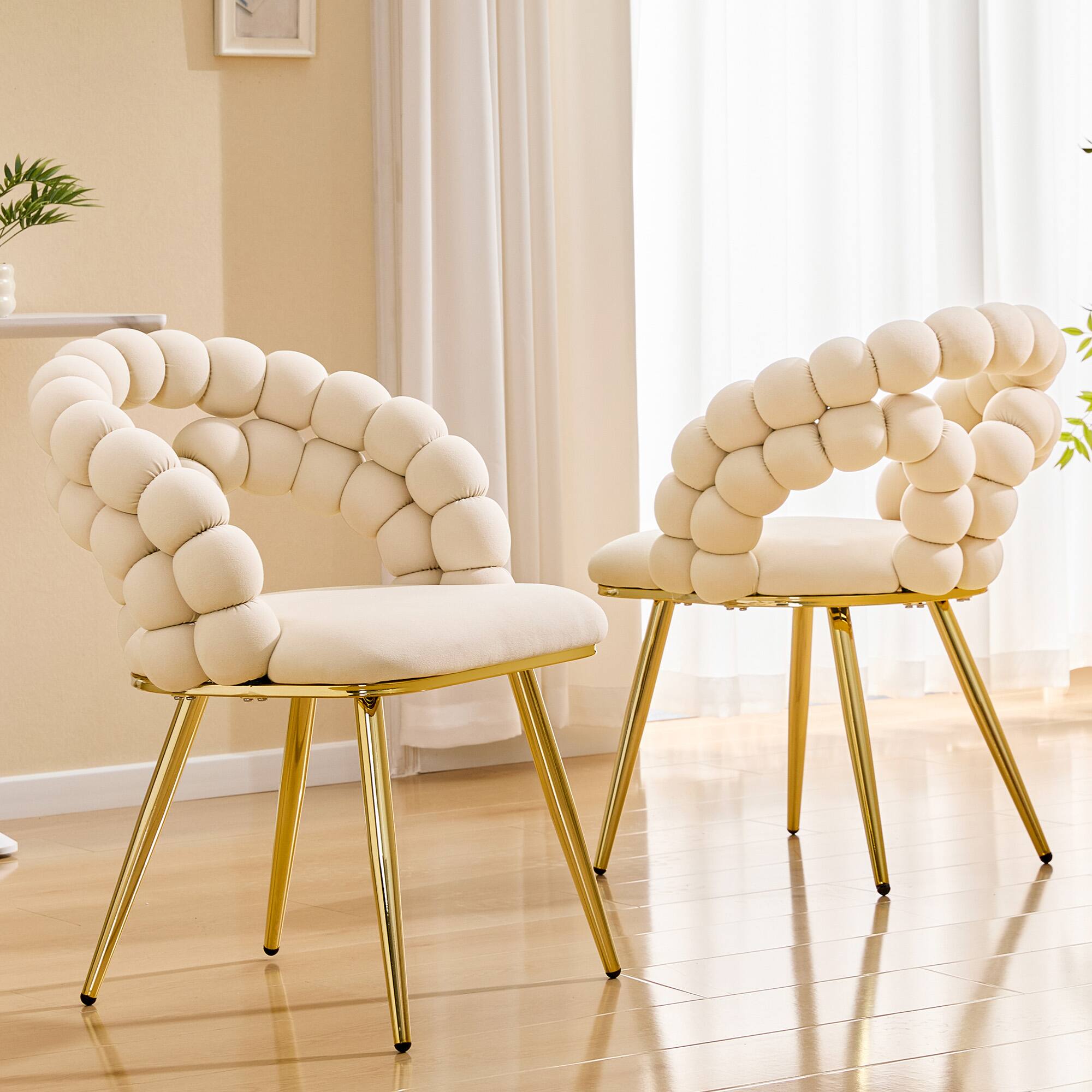 Left. Loheer - Loheer Velvet Dining Chair Set of 2 Beige Bubble Back Accent Chairs with Gold Metal Legs, 1.92ft x 1.58ft x 2.67ft - Beige,Gold.