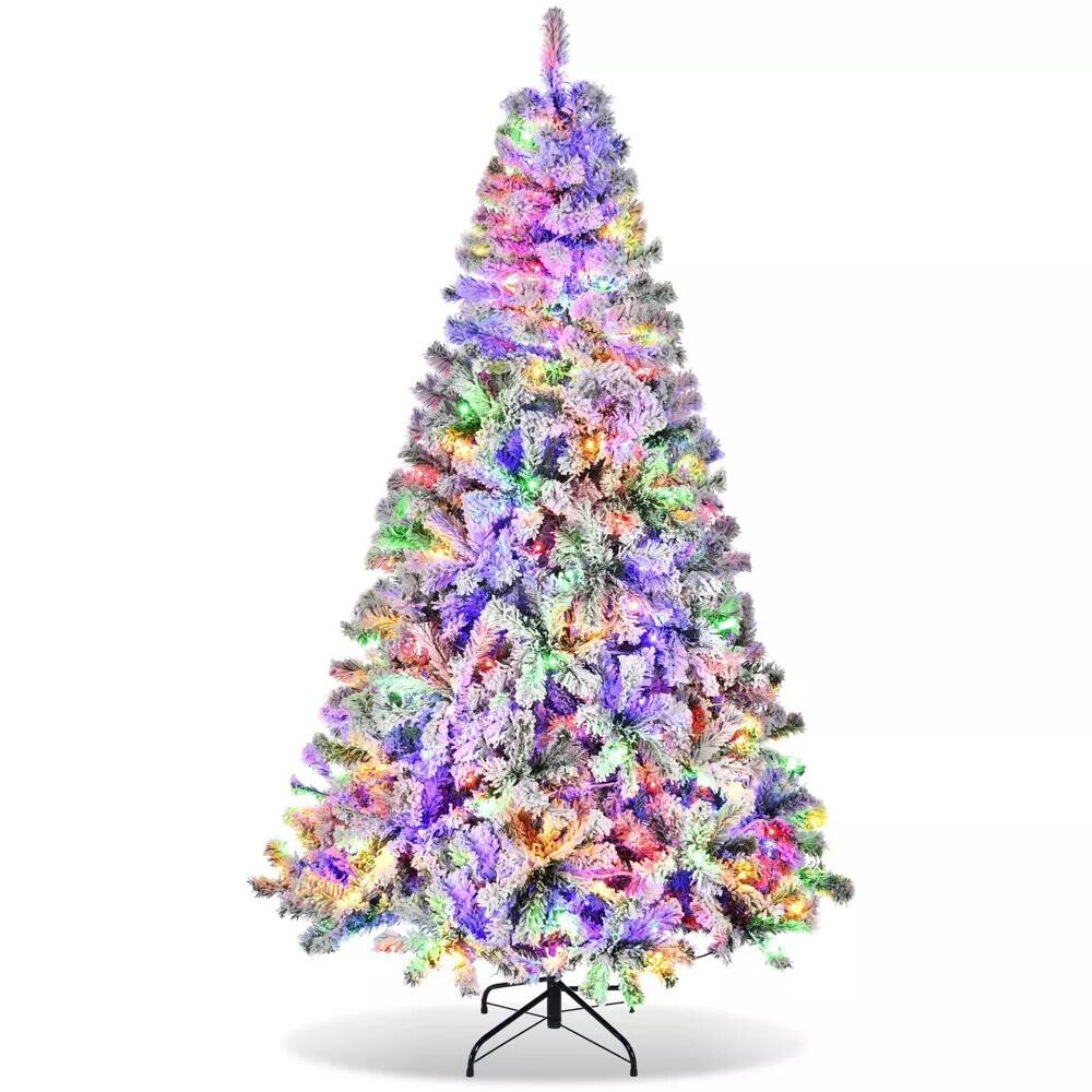 Front. SKONYON - 6ft Prelit Flocked Christmas Tree with 250 Multicolor LED Lights and 502 Branch Tips - White.