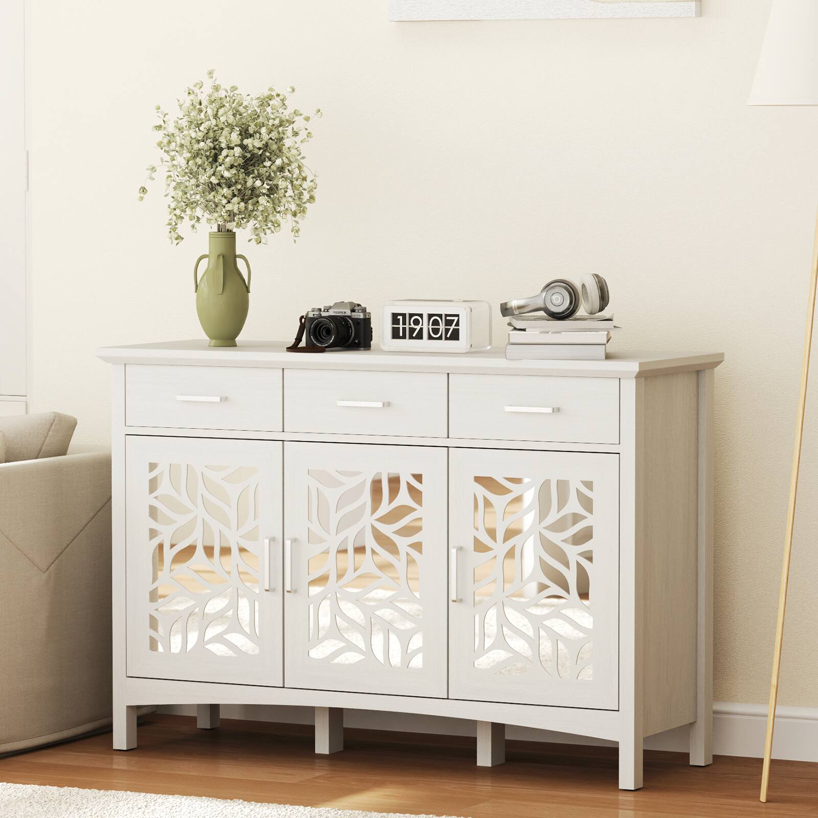 Back. Bestier - Modern Sideboard Cabinet with Mirror Door & Adjustable Shelves, 3 Drawers & 3 Doors - white.