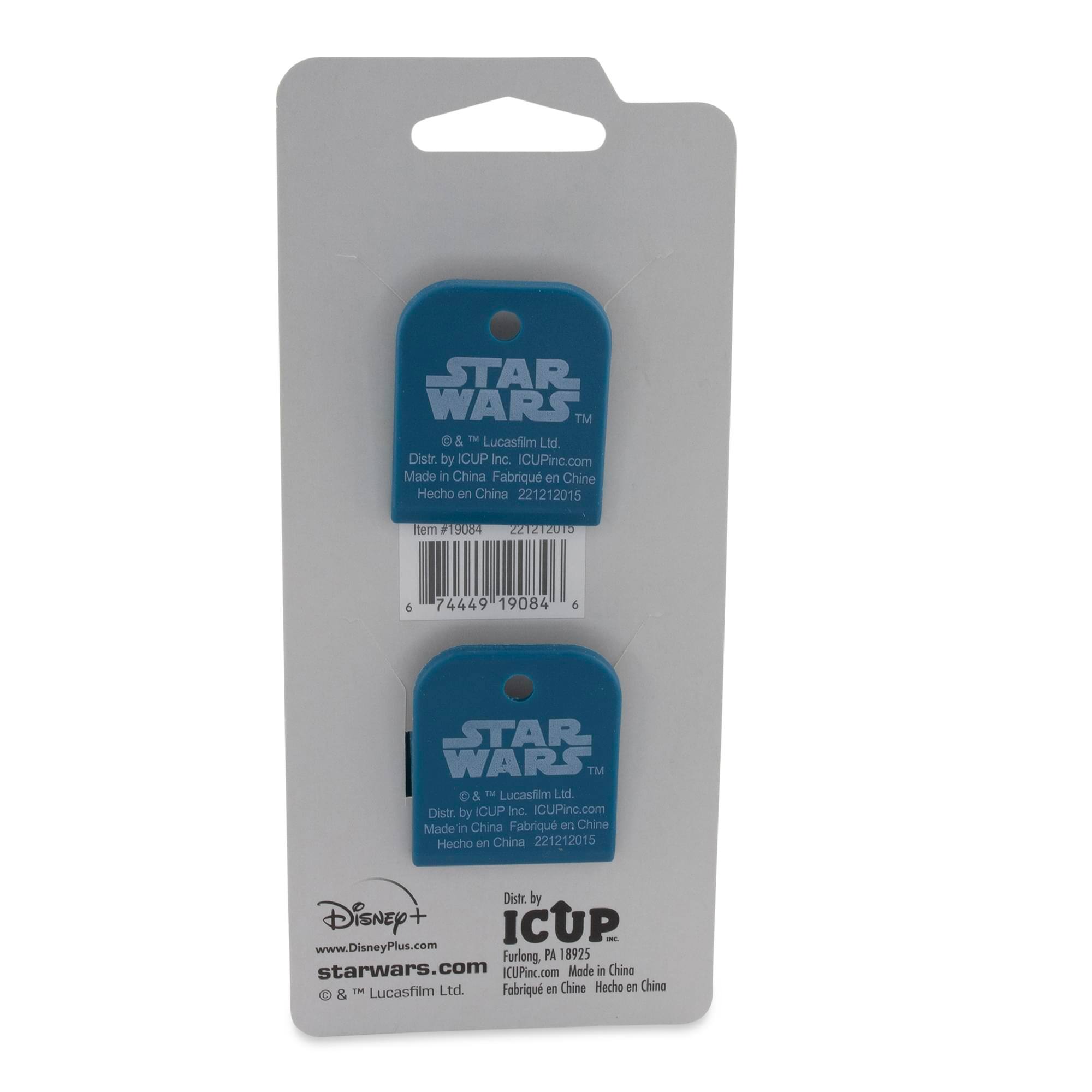 Sure, here is the corrected and grouped text from the image:

---

**STAR WARS™**  
© & ™ Lucasfilm Ltd.  
Distr. by ICUP Inc.  
ICUPinc.com  
Made in China  
Fabriqué en Chine  
Hecho en China  
221212015  
Item 719084  
221212019  
6  
74449 19084 5  

**STAR WARS™**  
© & ™ Lucasfilm Ltd.  
Distr. by ICUP Inc.  
ICUPinc.com  
Made in China  
Fabriqué en Chine  
Hecho en China  
221212015  

**Disney+**  
www.DisneyPlus.com  
starwars.com  
© & ™ Lucasfilm Ltd.  
Distr. by ICUP Inc.  
ICUPinc.com  
Made in China  
Fabriqué en Chine  
Hecho en China  
PA 18925  
Furlong  

---

This text includes all the information from the packaging, grouped and corrected for clarity.