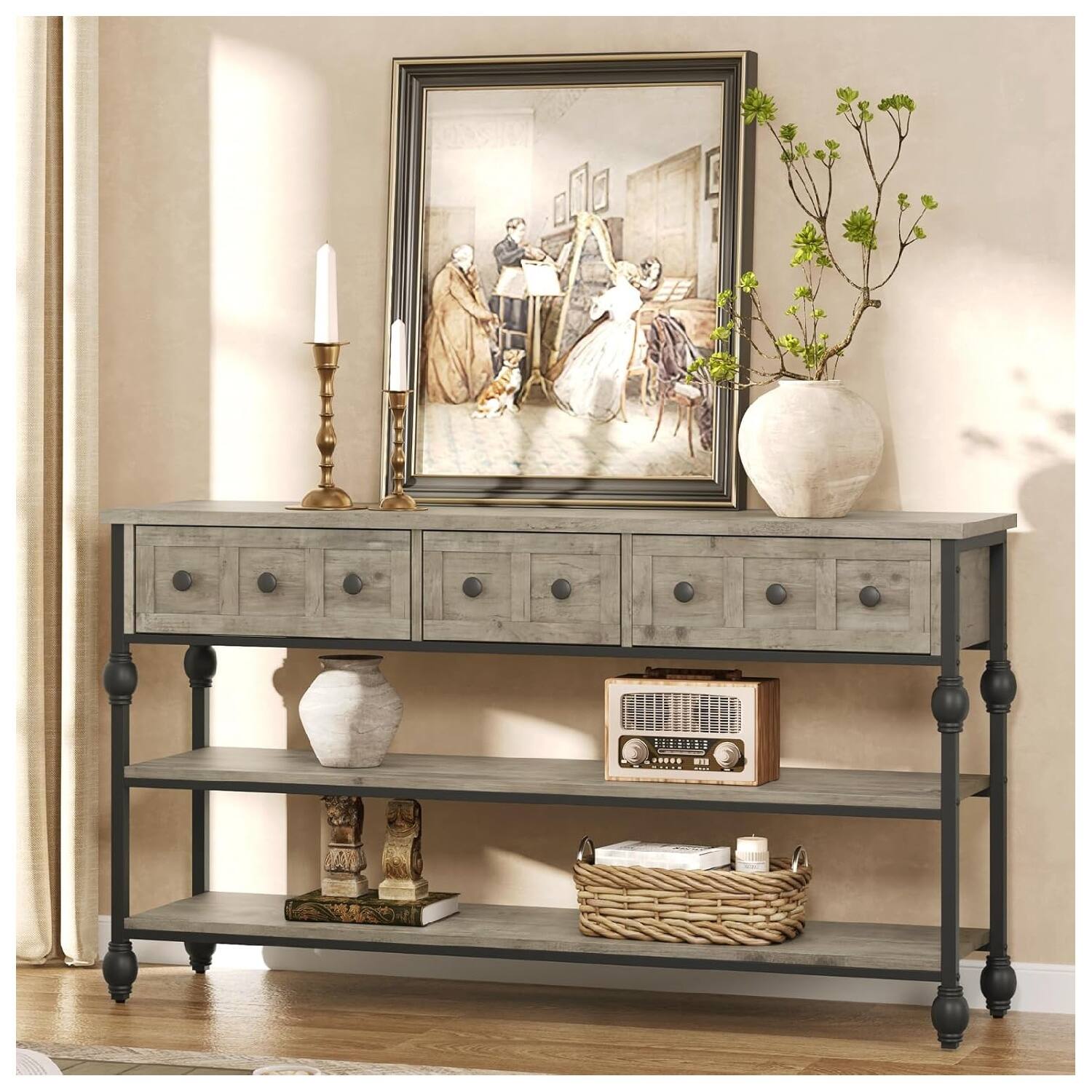 Front. GARVEE - Long 53" Console Sofa Table with 3 Drawers, Entryway Table with 3-Tier Storage Shelves - Grey.