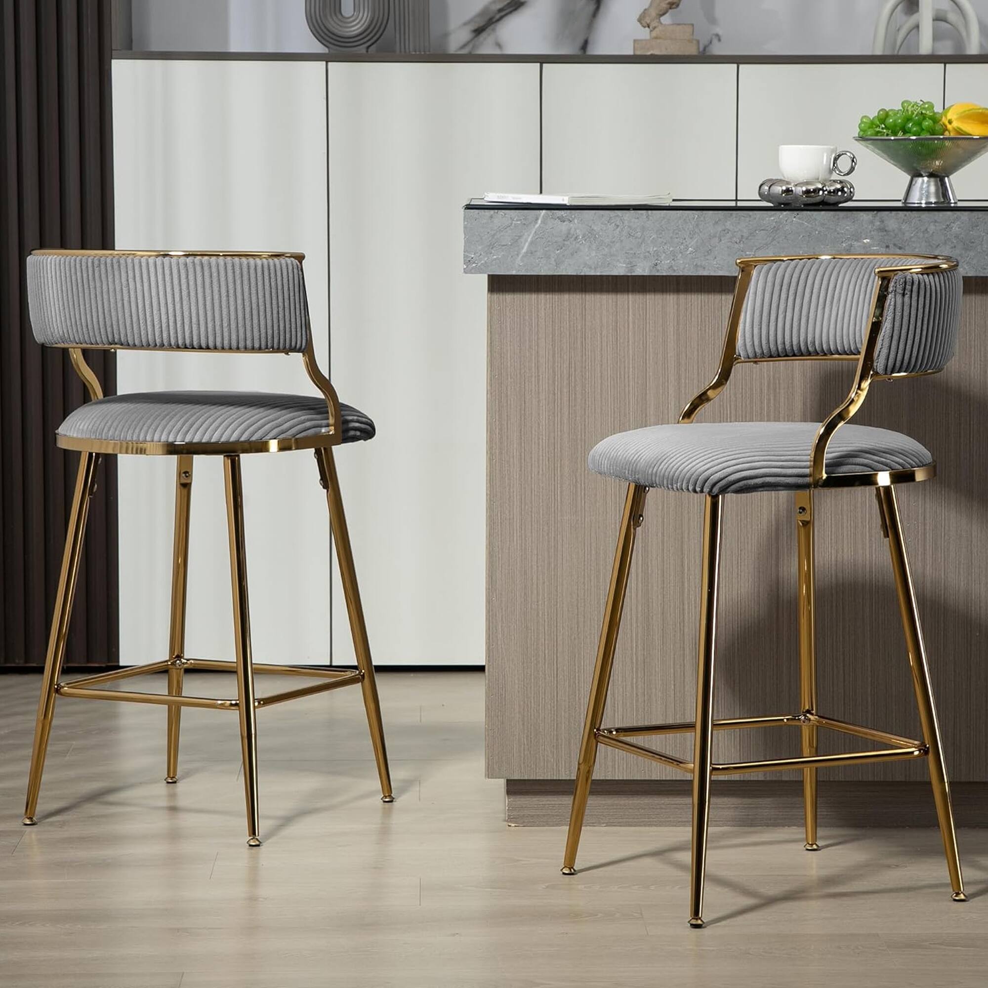 Alt View 7. HTUTWOO - Bar Stools Set of 2, Corduroy Upholstered Counter Height Chairs with Curved Back and Footrest for Kitchen Island, Pub - Grey.