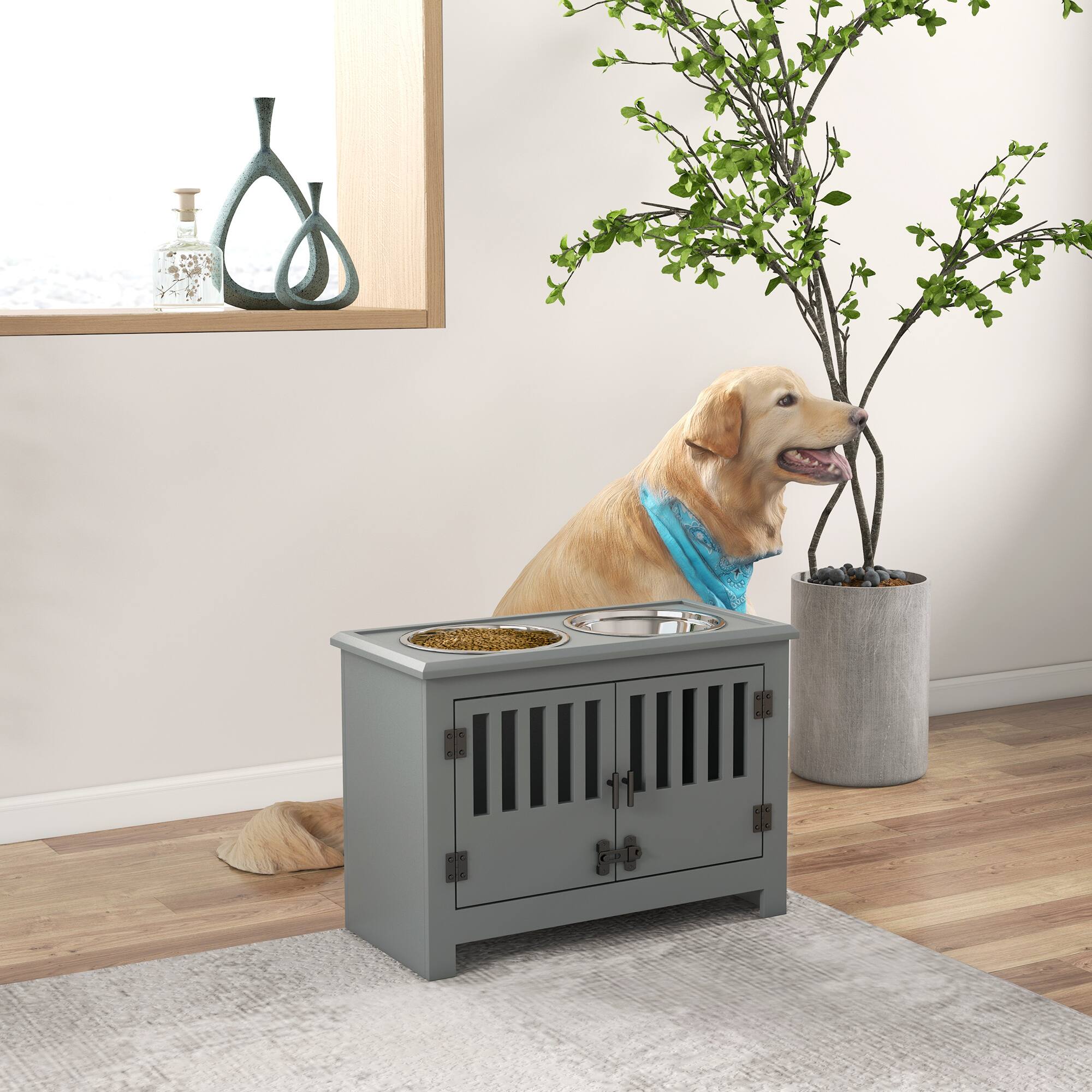Angle. Pawhut - Elevated Bowls with Storage Cabinet Containing 37L Capacity, Raised Bowl Stand, Food Bowl, Feeding Station - Gray.