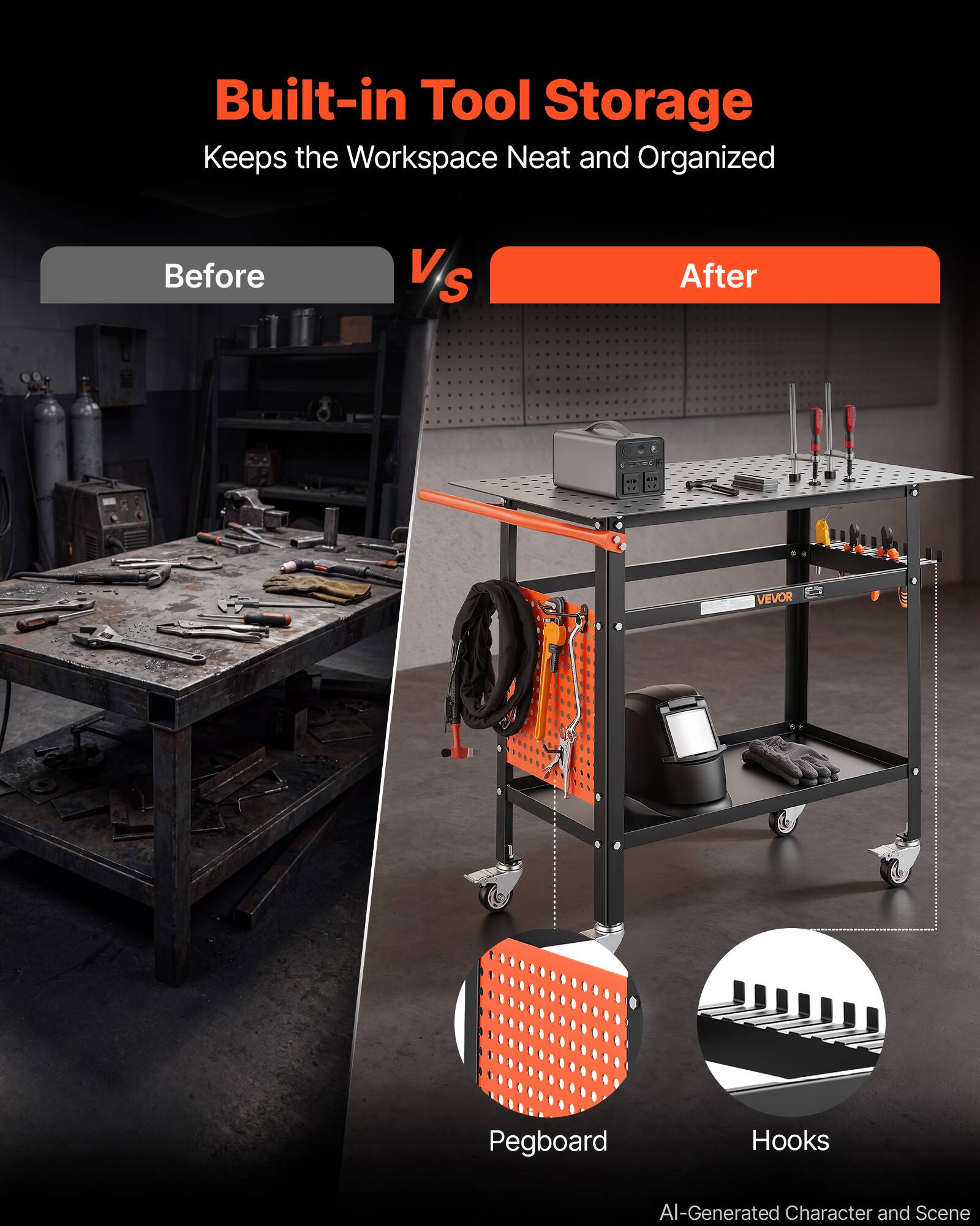 Built-in Tool Storage Keeps the Workspace Neat and Organized

Before VS After

VEVOR

Pegboard

Hooks

AI-Generated Character and Scene