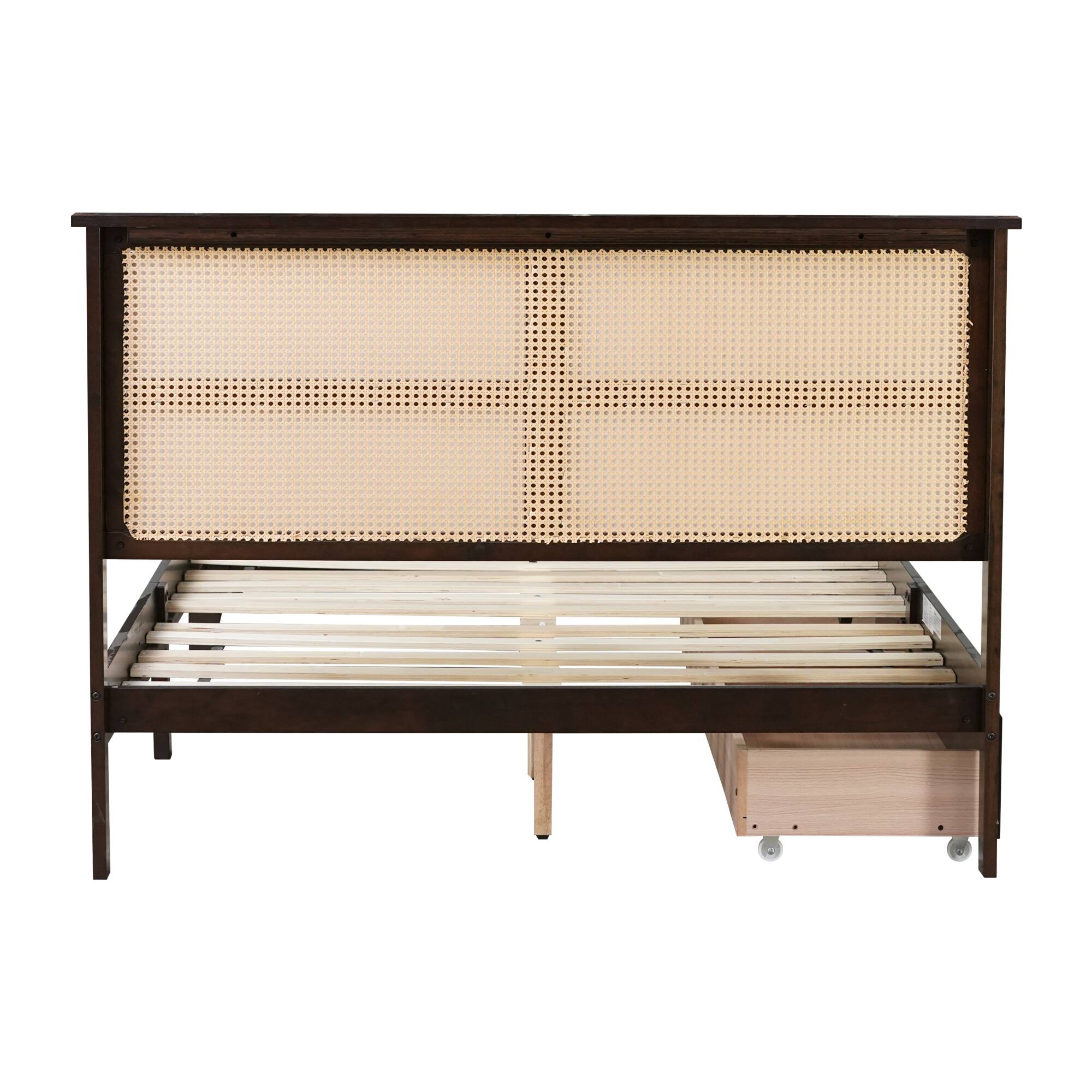 Left. GOODSILO - Full Size Bed with Rattan Headboard and Two Storage Drawers, Solid Wood Frame with Enhanced Support Slats - Espresso.