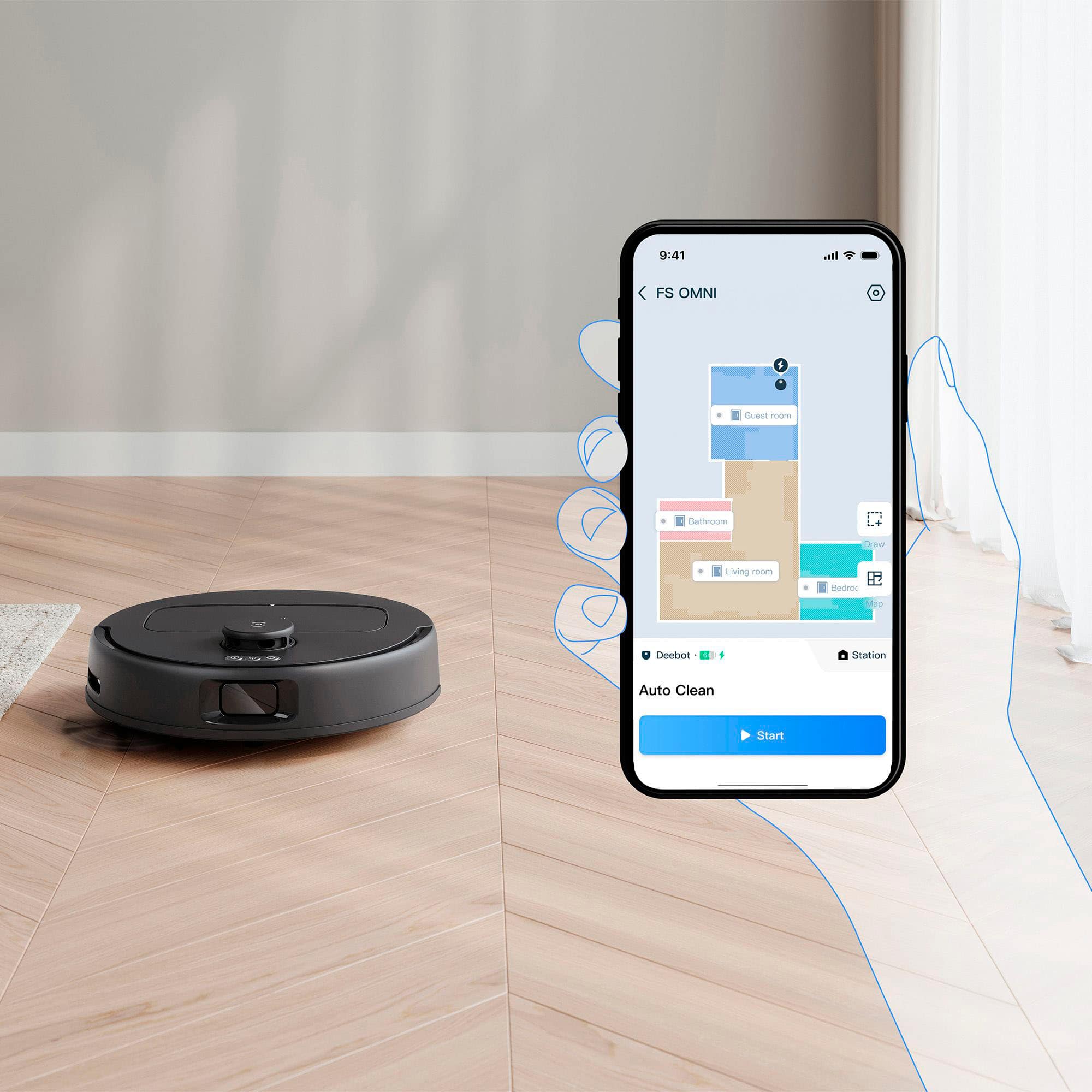 9:41 AM. FS OMNI 1 Clean Room Crawling Living Room Deduct Ma Deebot + Station Auto Clean Start