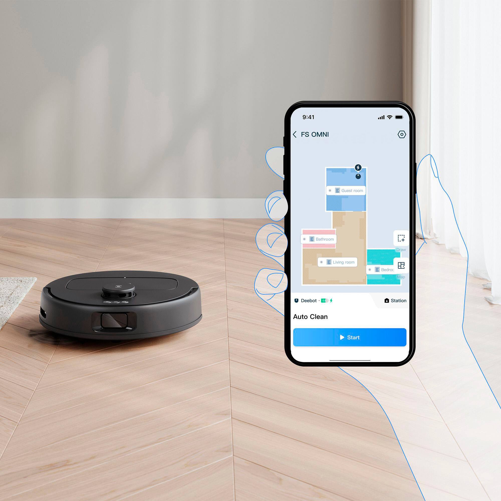 9:41 AM. FS OMNI 1 Clean Room Crawling Living Room Deduct Ma Deebot + Station Auto Clean Start