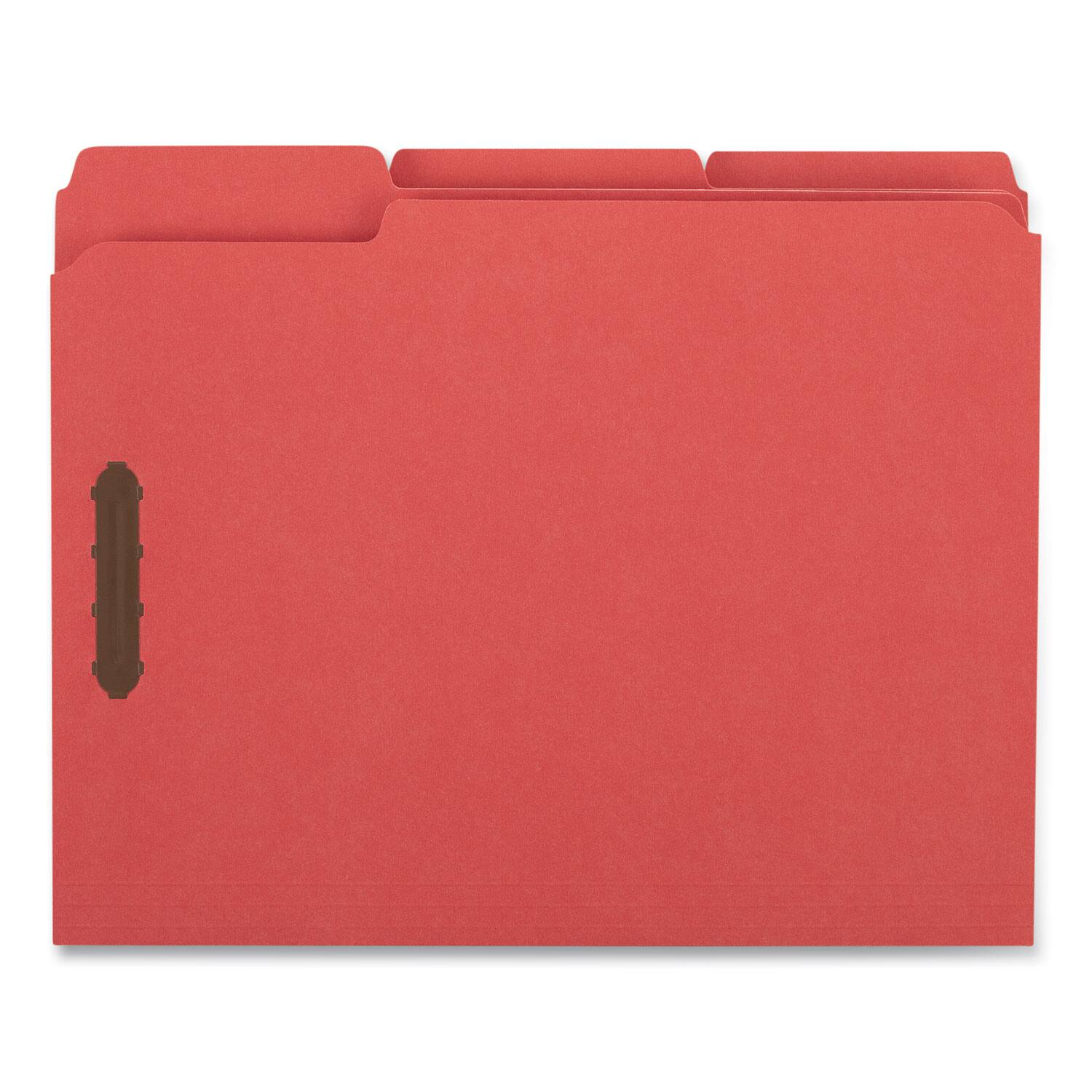Left. Universal - Deluxe Reinforced Top Tab Fastener Folders, 0.75" Expansion, 2 Fasteners, Letter Size, Red Exterior, 50/Box.