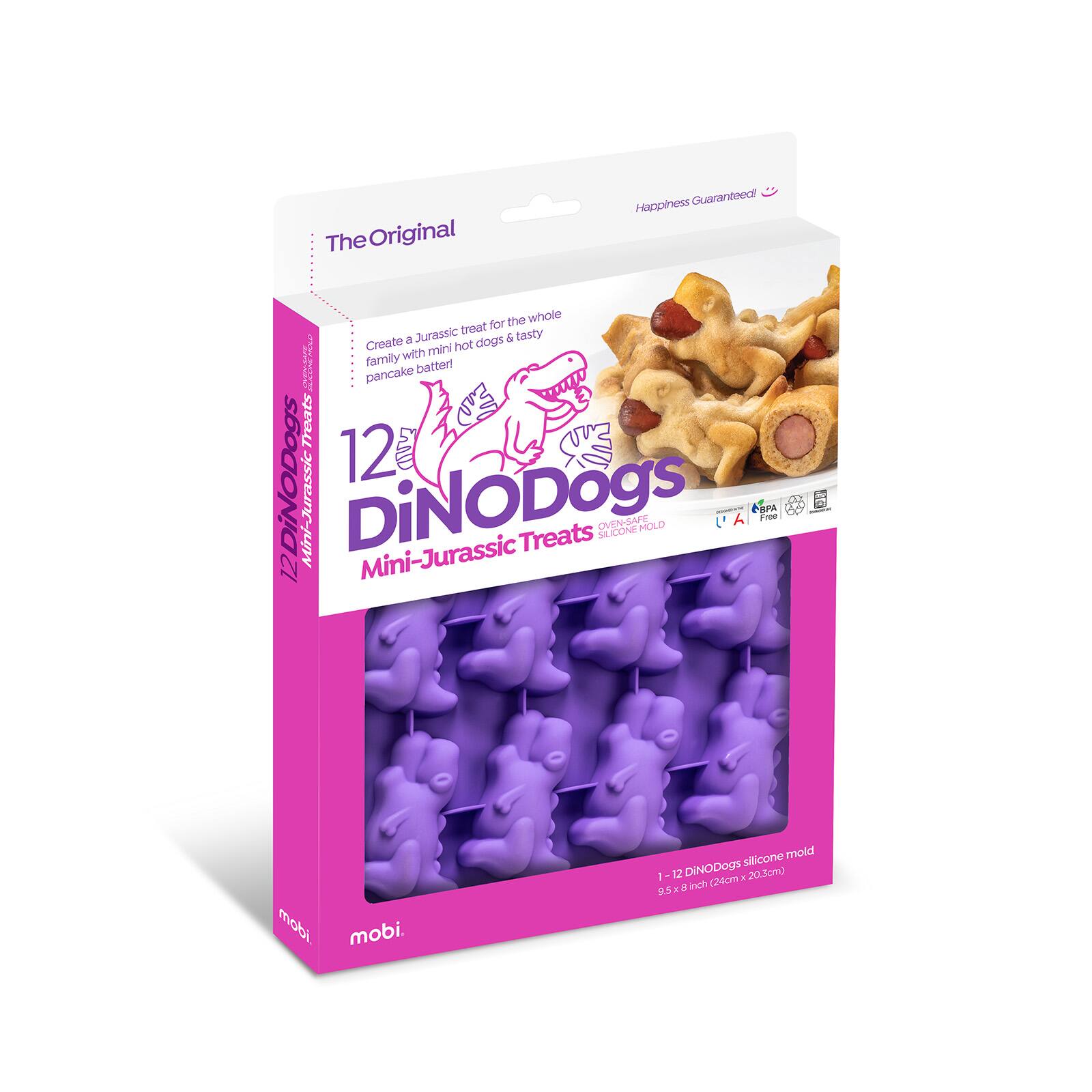 The Original Happiness Guaranteed! Create a Jurassic treat for the whole family with mini hot dogs & tasty pancake batter! Treats DiNODogs 12 Mini-Jurassic DiNODogs Mini-Jurassic Treats OVEN-SAFE SILICONE MOLD | 1 - 12 DINODogs 20.3cm (24cm x 9.5cm)