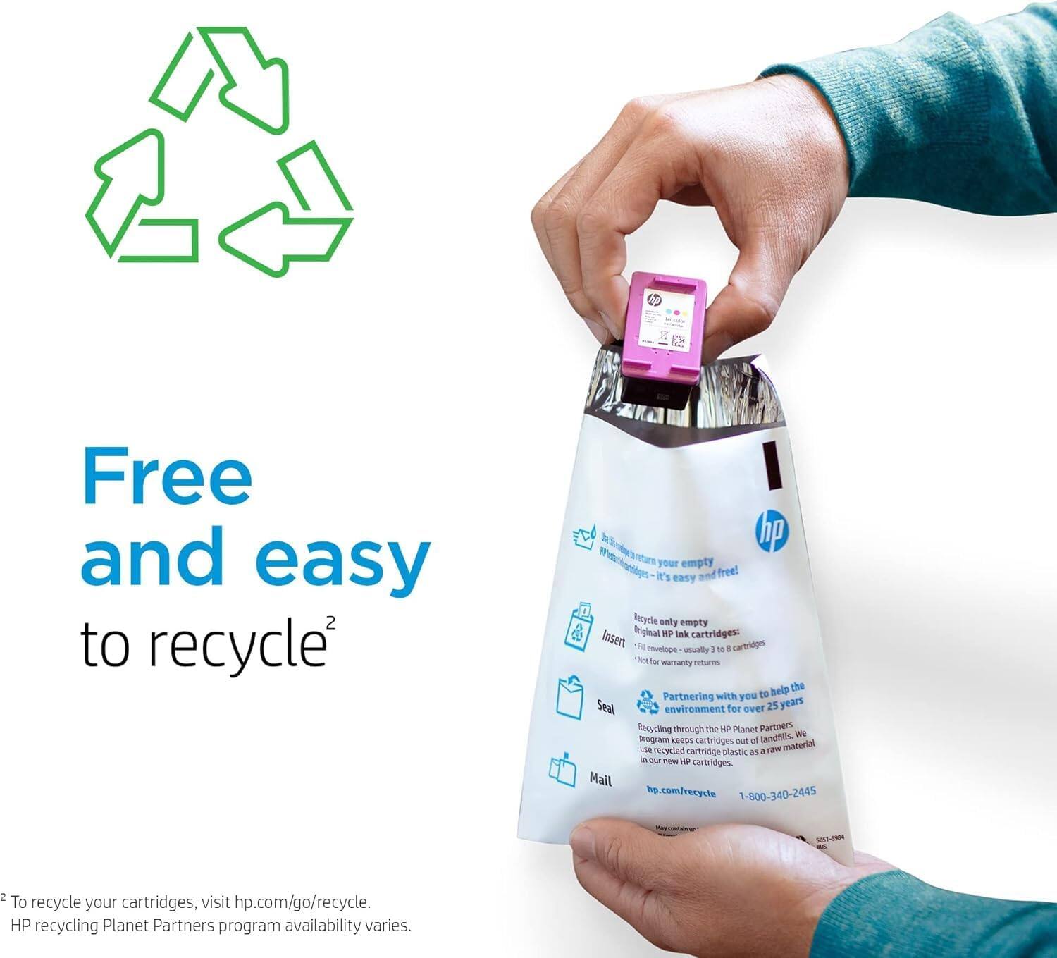 Free and easy to recycle²

Recycle only empty Original HP Ink cartridges:
- Insert up to 4 cartridges
- Seal the envelope
- Mail

Partnering with you to help the environment for over 25 years. Recycling through the Planet Partners program keeps cartridges out of landfills. Recycled cartridge plastic is used to make new HP cartridges.

hp.com/recycle
1-800-340-2445

To recycle your cartridges, visit hp.com/go/recycle.
HP recycling Planet Partners program availability varies.