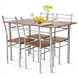 Costway - 5 Piece Dining Table Set Wood Metal Kitchen Breakfast Furniture with 4 Chair - Walnut