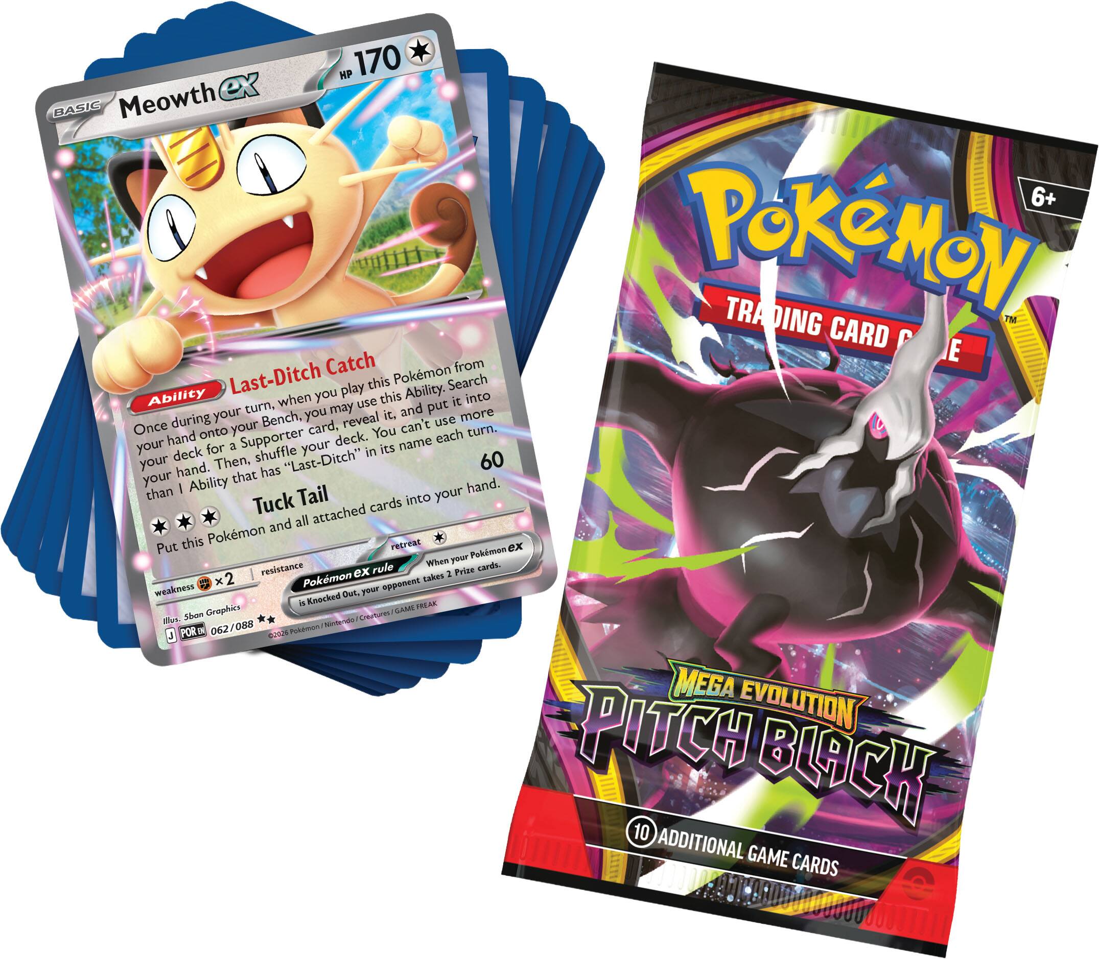 KP 170 4S0. Meowth 6+ Pokémon DING CARD Catch E from Last-Ditch this Pokémon Search Ability you play this Ability. into turn when you put it your you may it. and more Once during your Bench, card, reveal can't une hand onto You each turn. your a Supporter deck. name deck for shuffle your in its your hand. Then. has "Last-Ditch" 60 your Ability that than I hand. Tuck Tail into your attached cards and all this Pokémon Put ToLrAn .. I 1 VSaNES Farle Pros T x talas 1 Paleme - -Okaa - 1 - Rnached - ingphn - - - - Der - POR- 12 - MEGA EVOLUTION PITCH BLACK 10 ADDITIONAL GAME ALIT CARDS 00