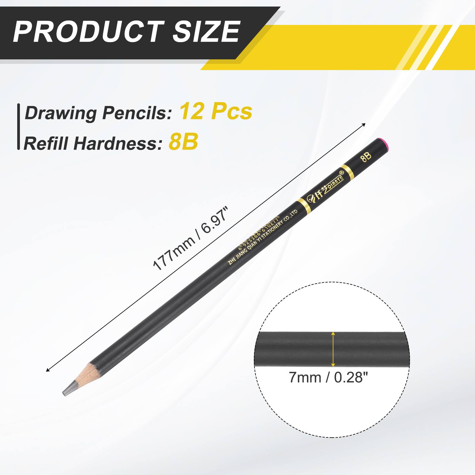 PRODUCT SIZE  
Drawing Pencils: 12 Pcs  
Refill Hardness: 8B  

177mm / 6.97"  
7mm / 0.28"
