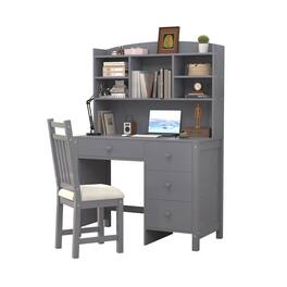 Glintex - 40'' Executive Desk & Upholstered Chair Set – Classic Retro Design with Built-In Bookshelf, Drawers & Spacious Workspace - Gray