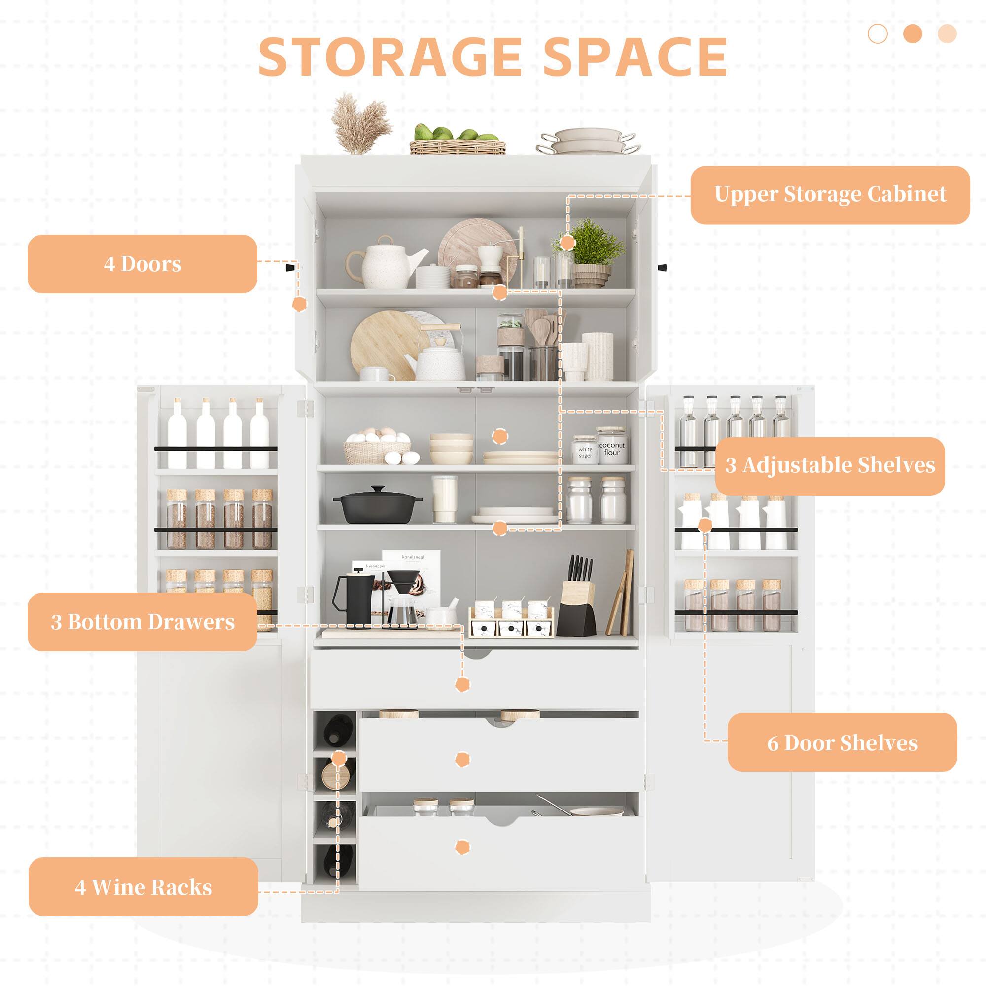 STORAGE SPACE  
Upper Storage Cabinet  
4 Doors  
3 Adjustable Shelves  
3 Bottom Drawers  
6 Door Shelves  
4 Wine Racks