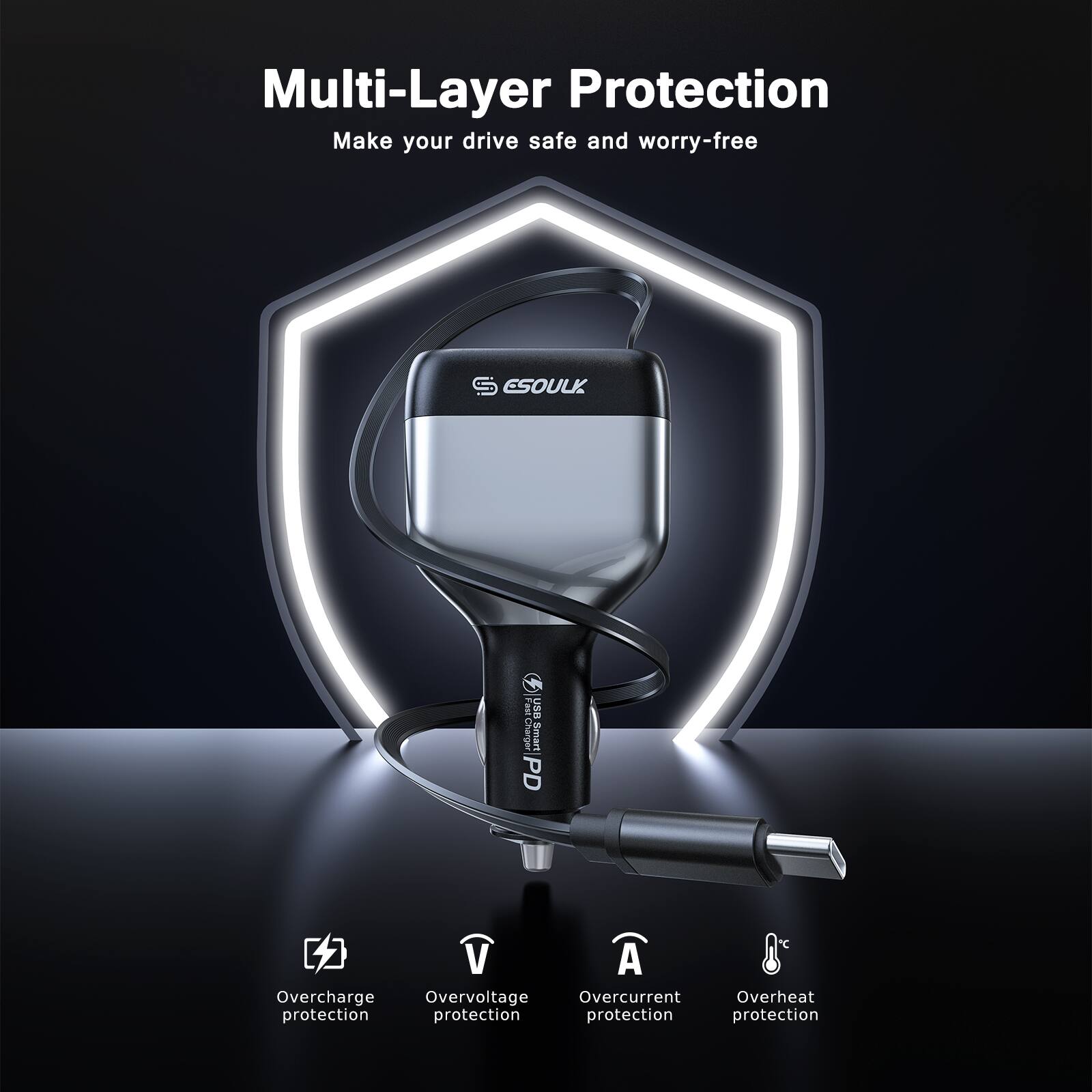 Multi-Layer Protection  
Make your drive safe and worry-free  

ESOULK Fast SE Charger  
- Overcharge protection  
- Overvoltage protection  
- Overcurrent protection  
- Overheat protection