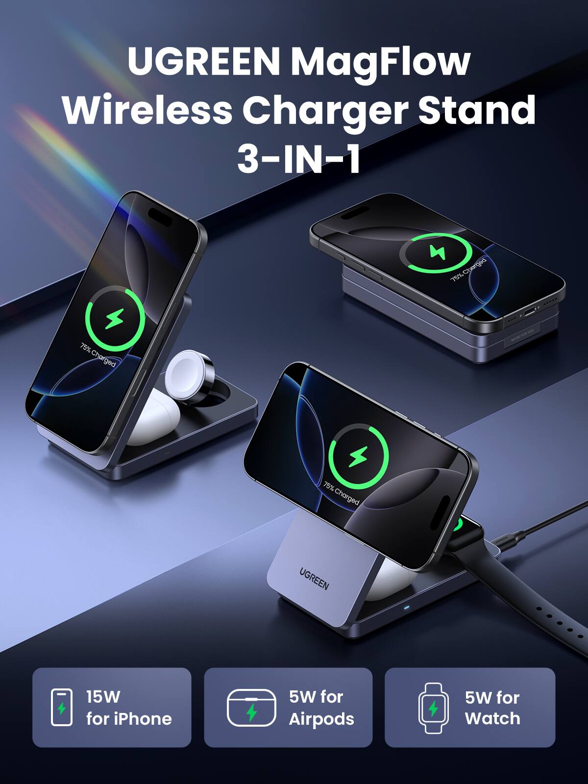UGREEN MagFlow Wireless Charger Stand  
3-IN-1  

15W for iPhone  
5W for Airpods  
5W for Watch  

75% Charged  
75% Charged  
75% Charged