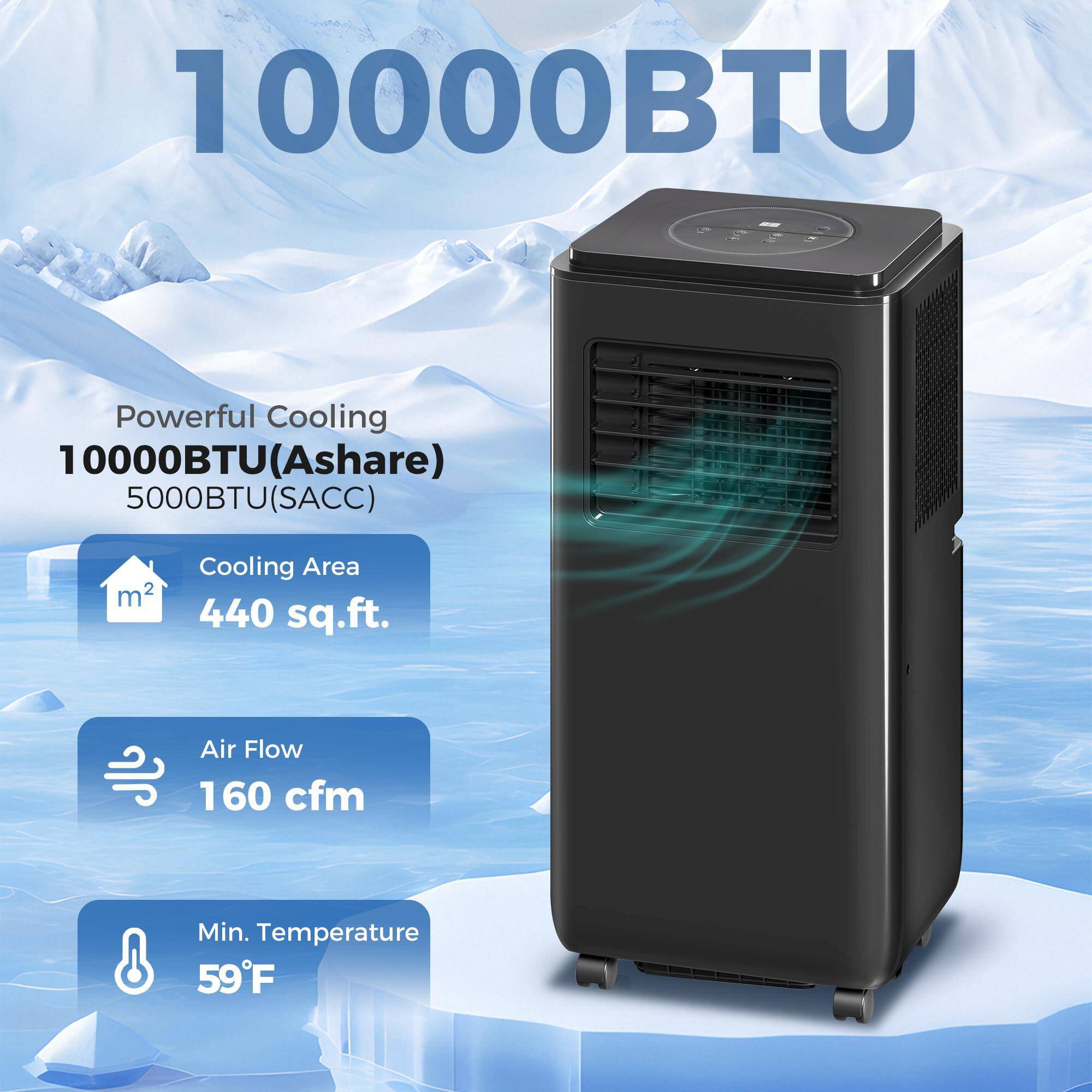 10000BTU

Powerful Cooling  
10000BTU (Ashare)  
5000BTU (SACC)

Cooling Area  
440 sq.ft.

Air Flow  
160 cfm

Min. Temperature  
59°F