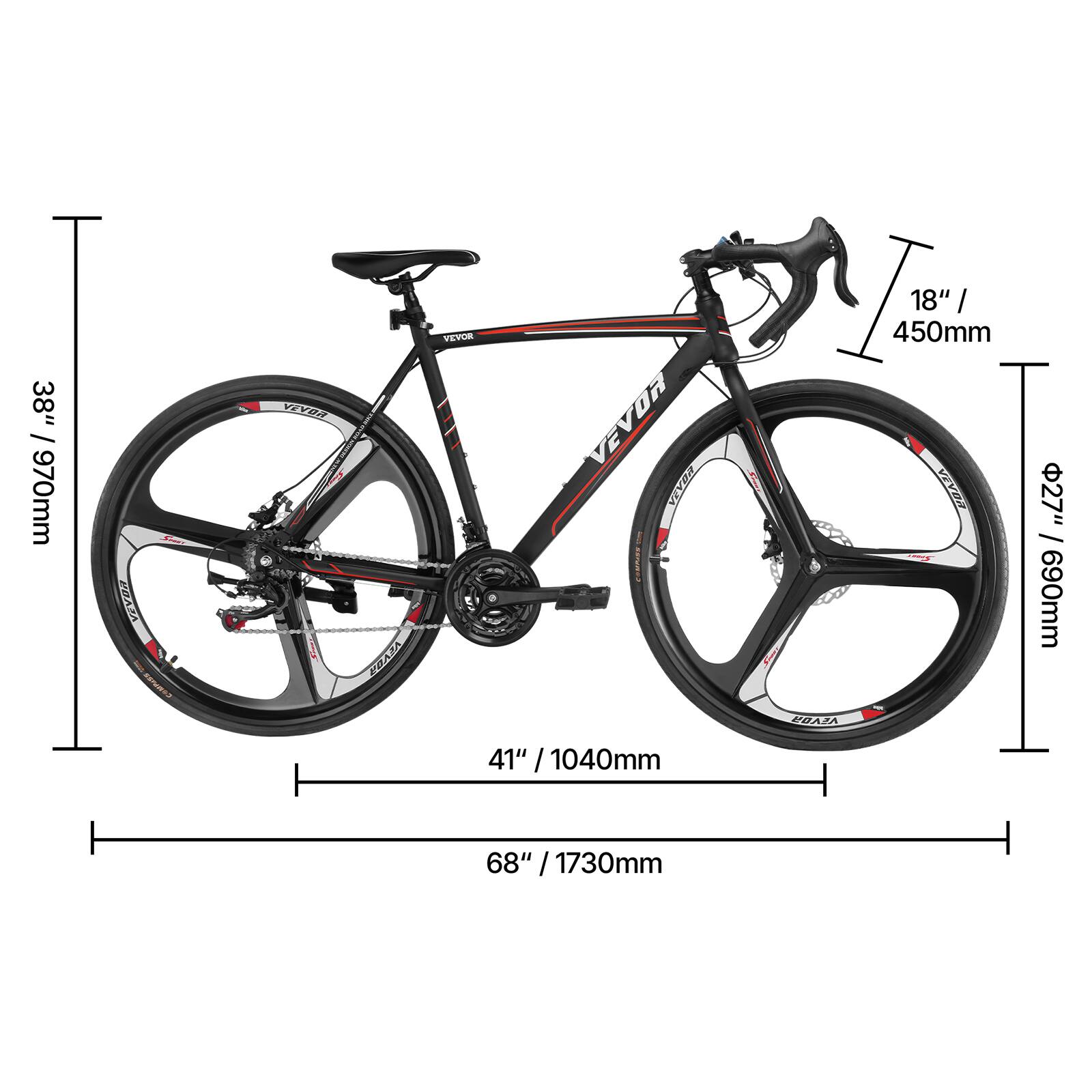 38" / 970mm  
41" / 1040mm  
68" / 1730mm  
18" / 450mm  
1" / 27" / 690mm