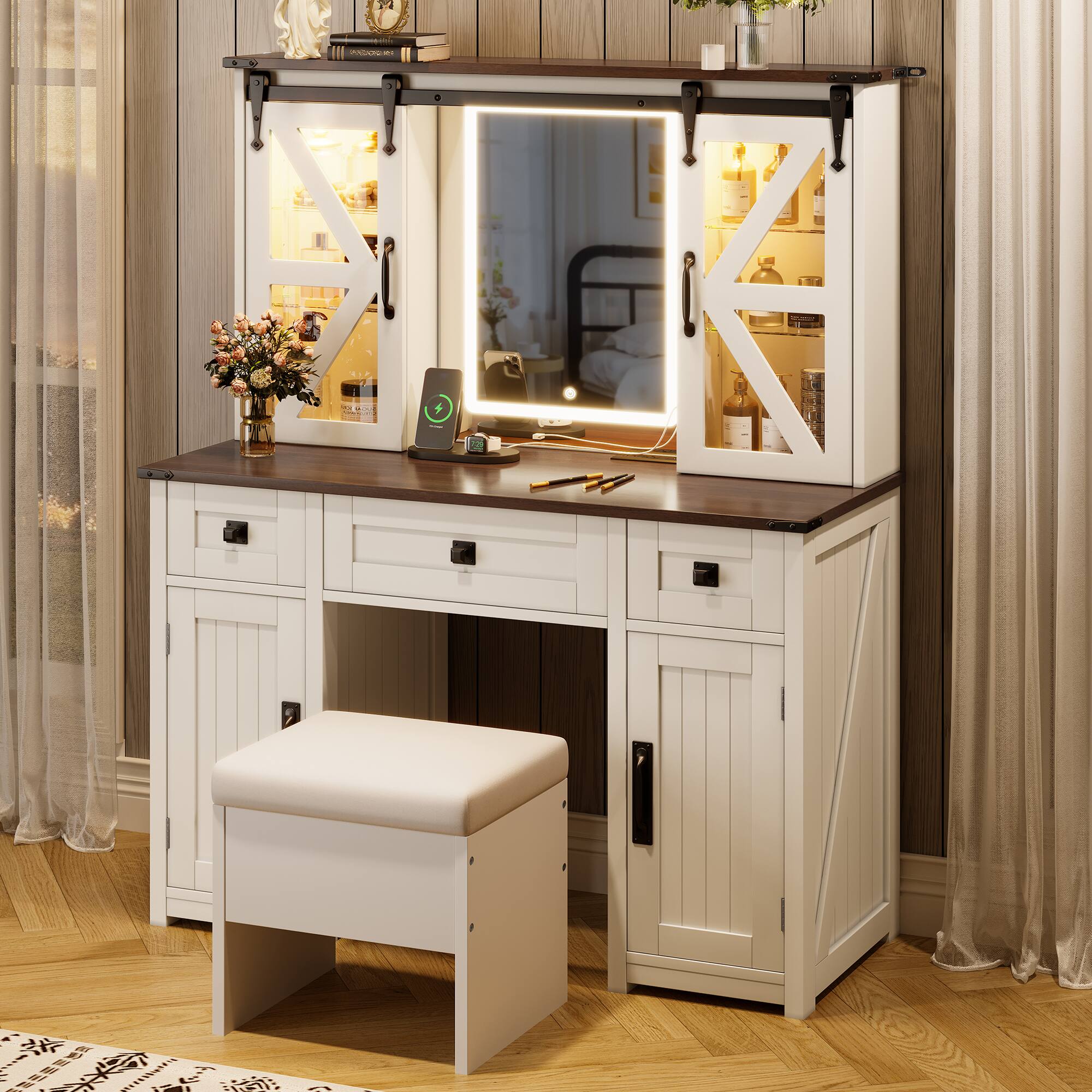 Alt View 10. Ecooso - Farmhouse Makeup Vanity Desk with Lighted Mirror, Vanity Table w/ Sliding Barn Door, Hidden Shelves, Drawers & Cabinets - Beige.