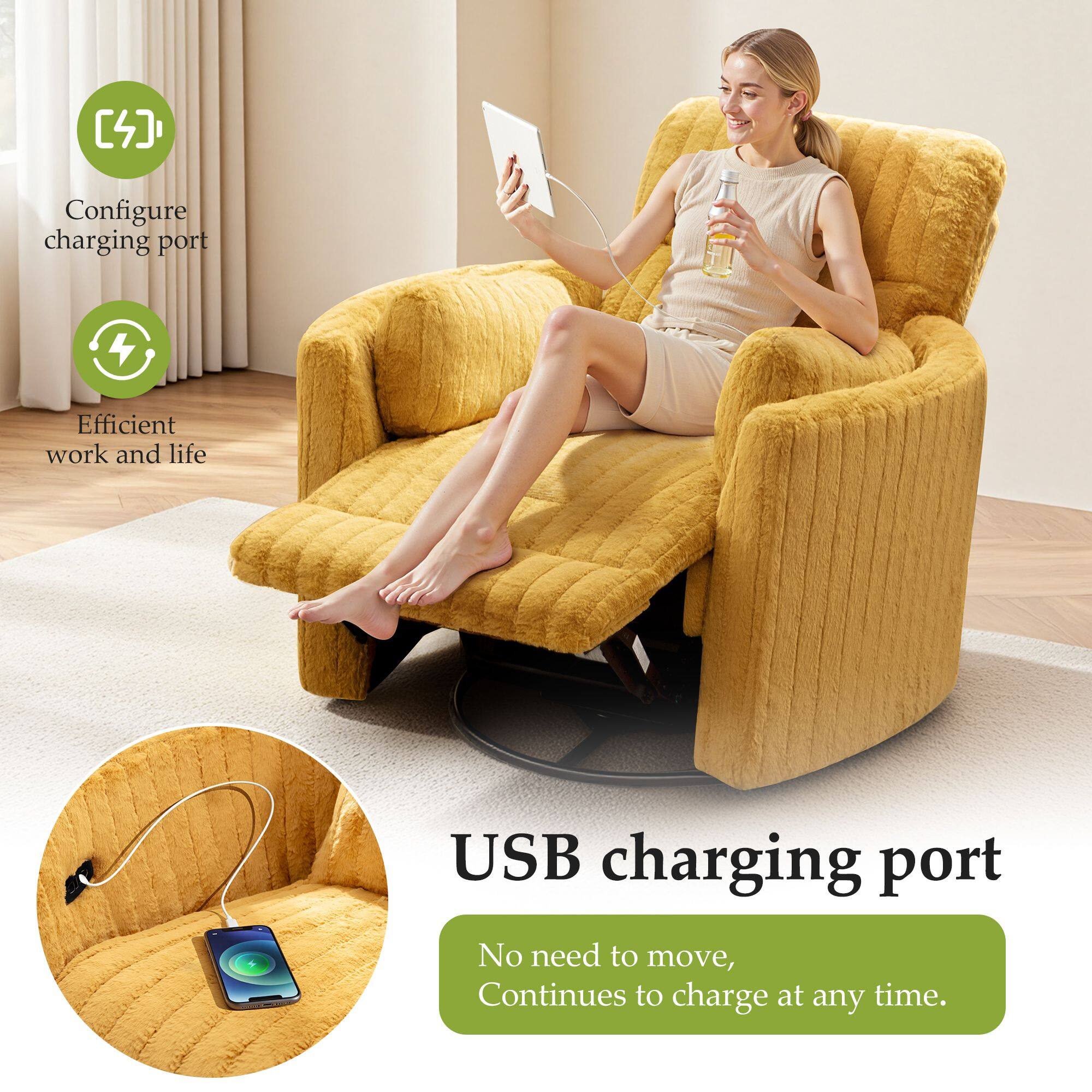 Configure charging port  
Efficient work and life  

USB charging port  
No need to move, continues to charge at any time.