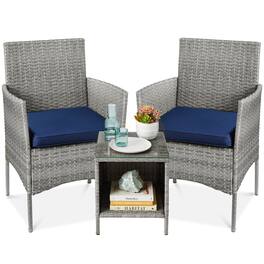 Best Choice Products - 3-Piece Outdoor Wicker Conversation Patio Bistro Set, w/ 2 Chairs, Table - Gray/Navy