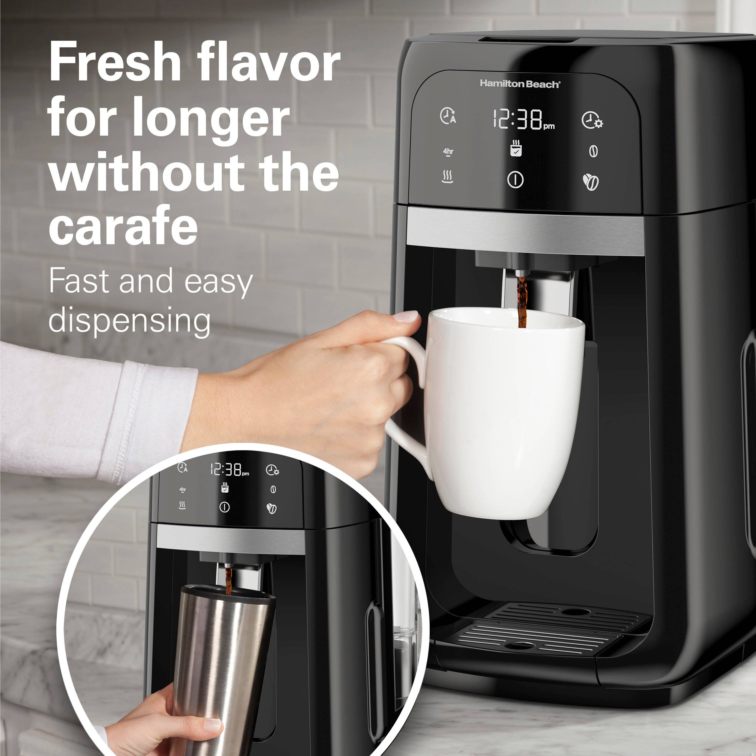Fresh flavor for longer without the carafe  
Fast and easy dispensing  

4hr  
Hamilton Beach' 12:38 pm  
12:38