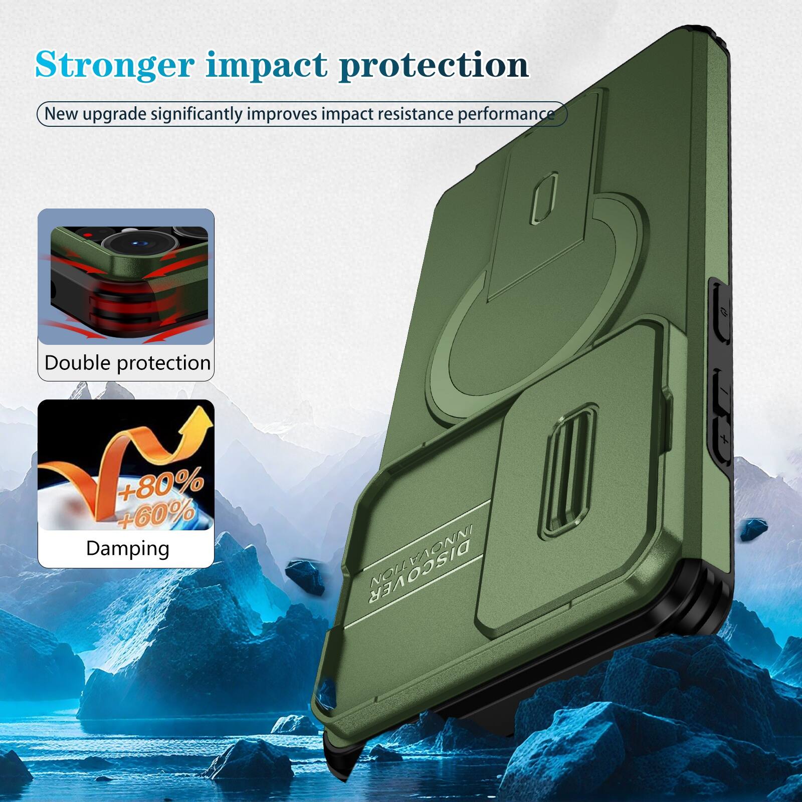 Stronger impact protection  
New upgrade significantly improves impact resistance performance  
Double protection  
+60% +80% Damping  
DISCOVER INNOVATION