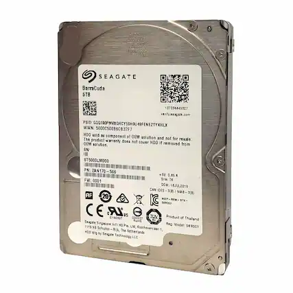SEAGATE BarraCuda 5TB
PSID: GO0190PMVXQHCY5SH9U49FENEZTYKHLX
WWN: 5000C500B6CB37F7
HDD sold as component of OEM solution and not for resale. The product warranty does not cover HDD if removed from OEM solution.
SN: ST5000LM000
PN: 2AN170-566
FW: 0001
Site: TK
DOM: 16JUL2019
CAN ICES ICES-3(B) NMB-3(B) MSIP REM STX-SKR003
AF 20 MSIP
LR US TUV
Product of Thailand
Reg. Model: SKR003
Seagate Singapore Reg. Iet HO Pte Ltd, Koolhoveni Schiphol Rijk, The Netherlands
HDD Mfg by Seagate Technology LLC